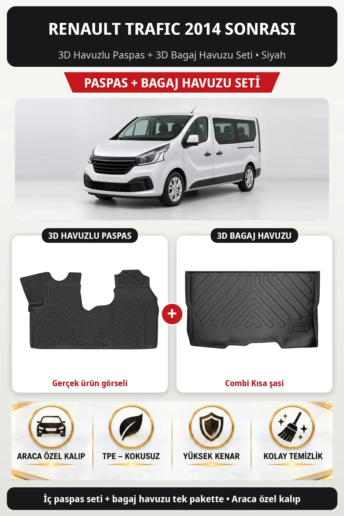 Renault Trafic 2014 Sonrası 3D Havuzlu Paspas + 3D Bagaj Havuzu Seti (Combi Kısa şasi) Siyah (1)