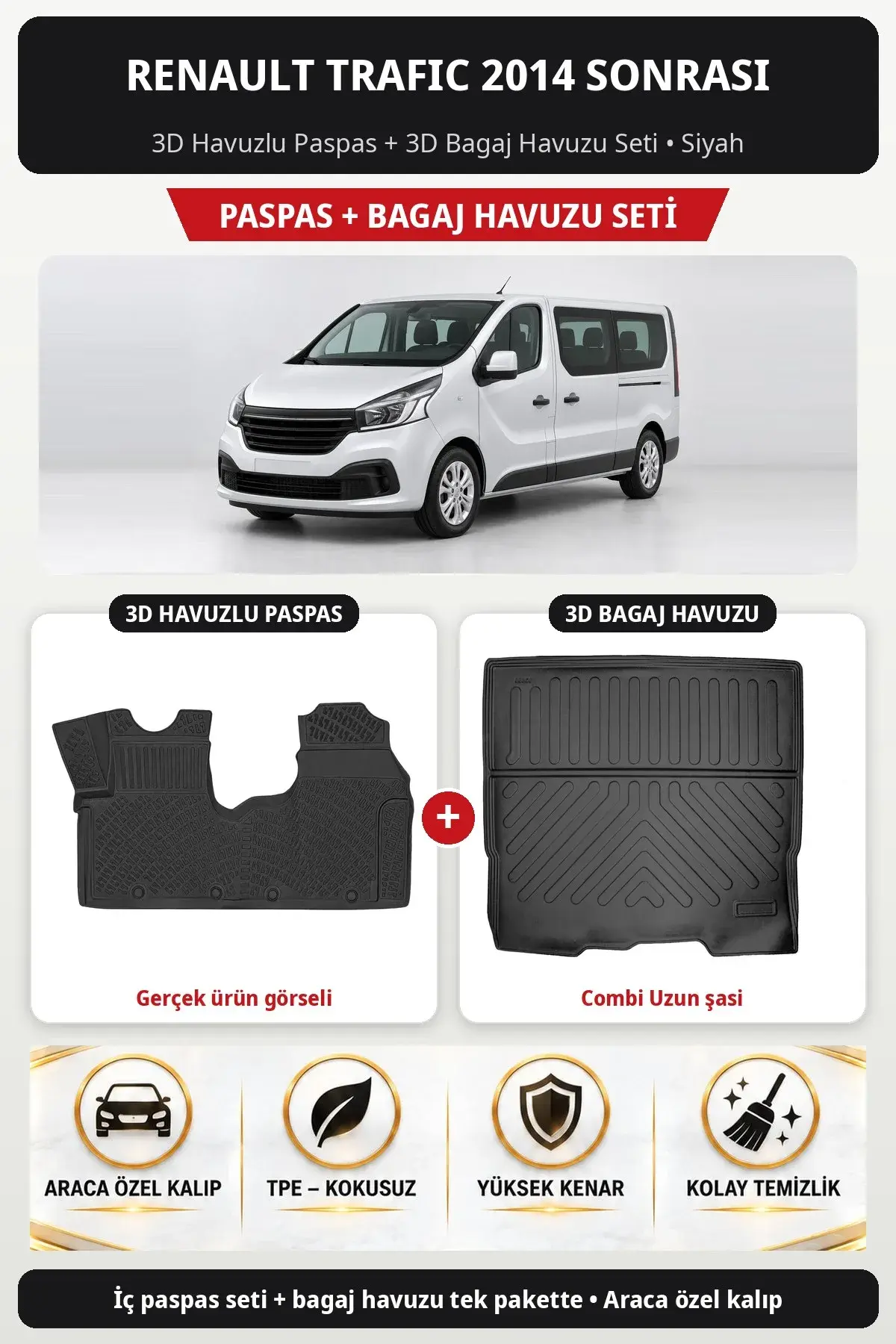 Renault Trafic 2014 Sonrası 3D Havuzlu Paspas + 3D Bagaj Havuzu Seti (Combi Uzun şasi) Siyah (1)