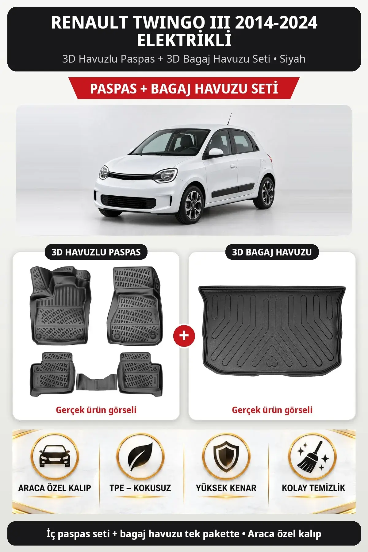 Renault Twingo III 2014-2024 Elektrikli 3D Havuzlu Paspas + 3D Bagaj Havuzu Seti Siyah (1)