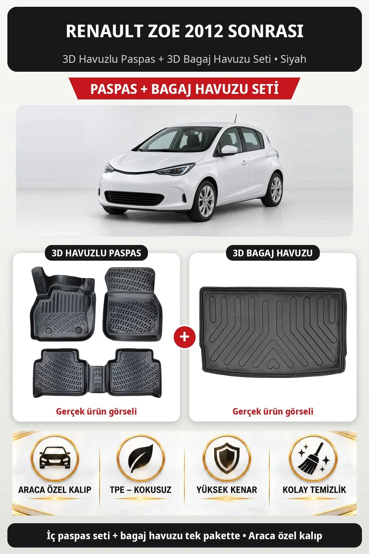 Renault Zoe 2012 Sonrası 3D Havuzlu Paspas + 3D Bagaj Havuzu Seti Siyah (1)