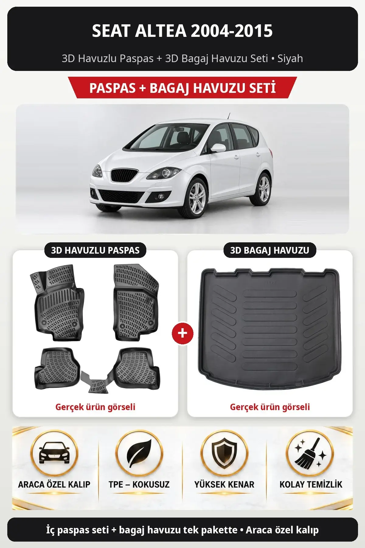 Seat Altea 2004-2015 3D Havuzlu Paspas + 3D Bagaj Havuzu Seti Siyah (1)