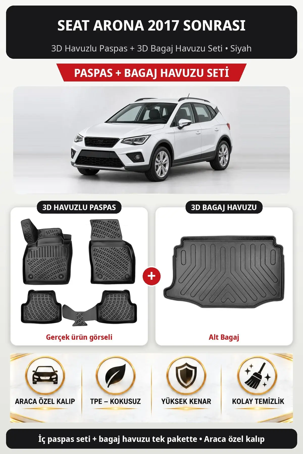 Seat Arona 2017 Sonrası 3D Havuzlu Paspas + 3D Bagaj Havuzu Seti (Alt Bagaj) Siyah (1)