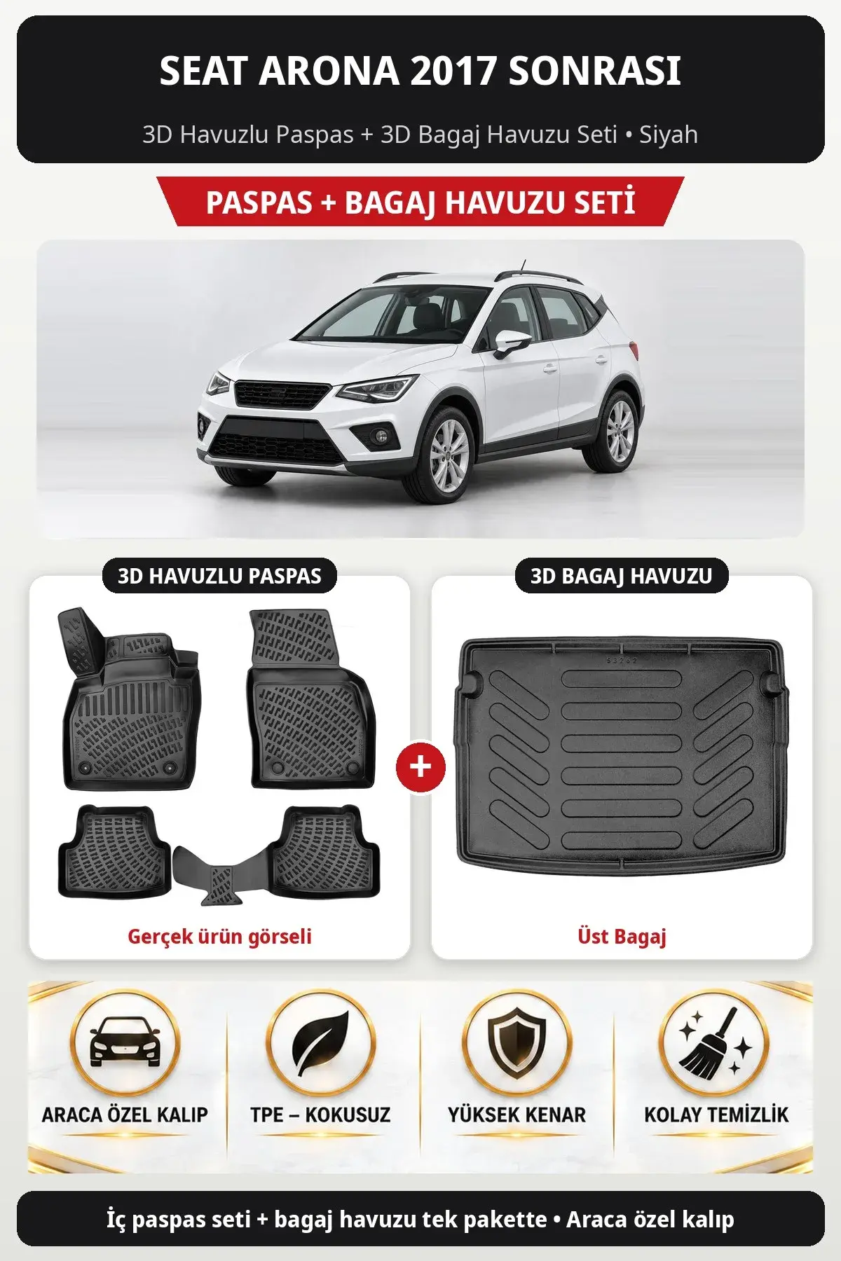 Seat Arona 2017 Sonrası 3D Havuzlu Paspas + 3D Bagaj Havuzu Seti (Üst Bagaj) Siyah (1)