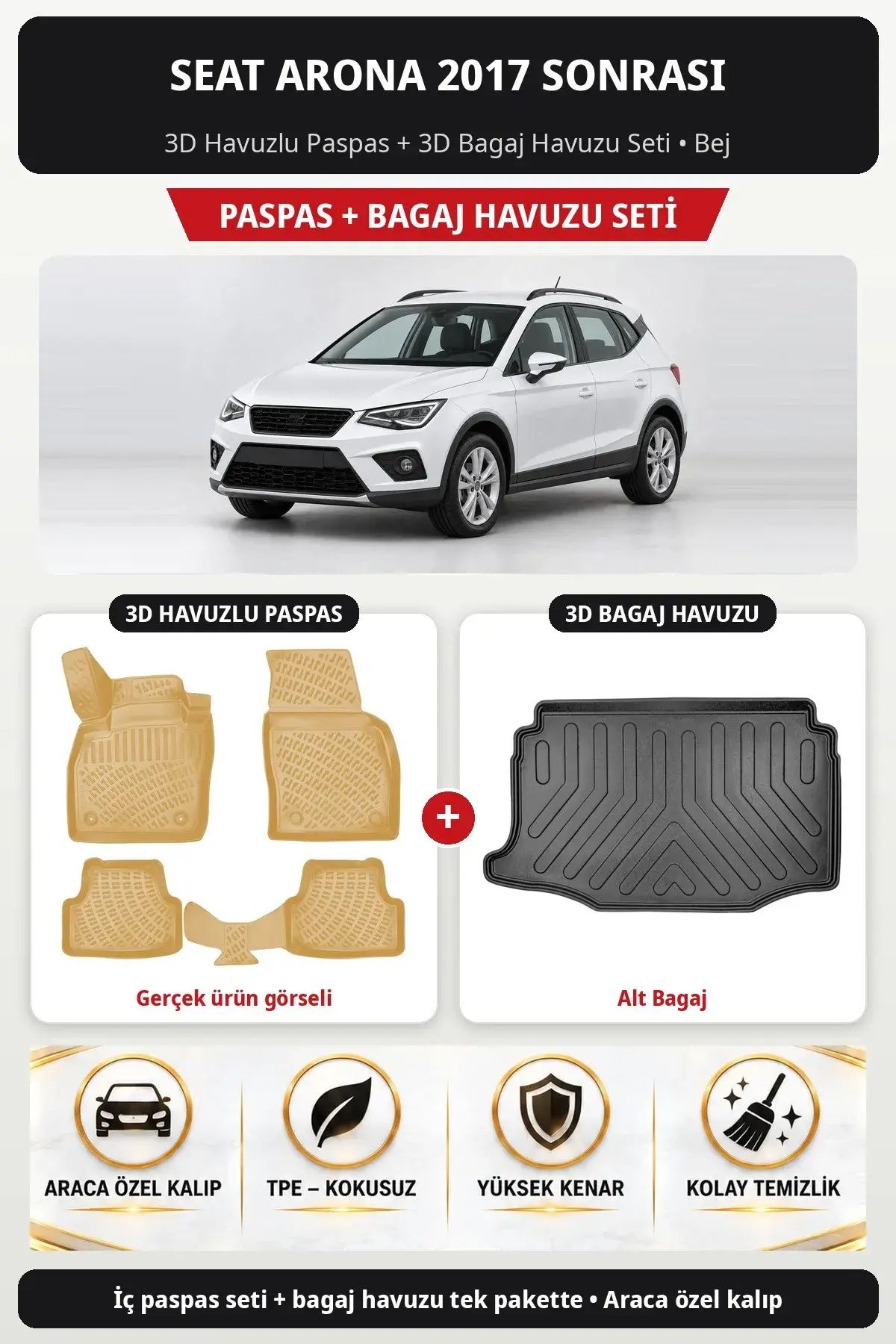 Seat Arona 2017 Sonrası 3D Havuzlu Paspas + 3D Bagaj Havuzu Seti (Alt Bagaj) Bej (1)
