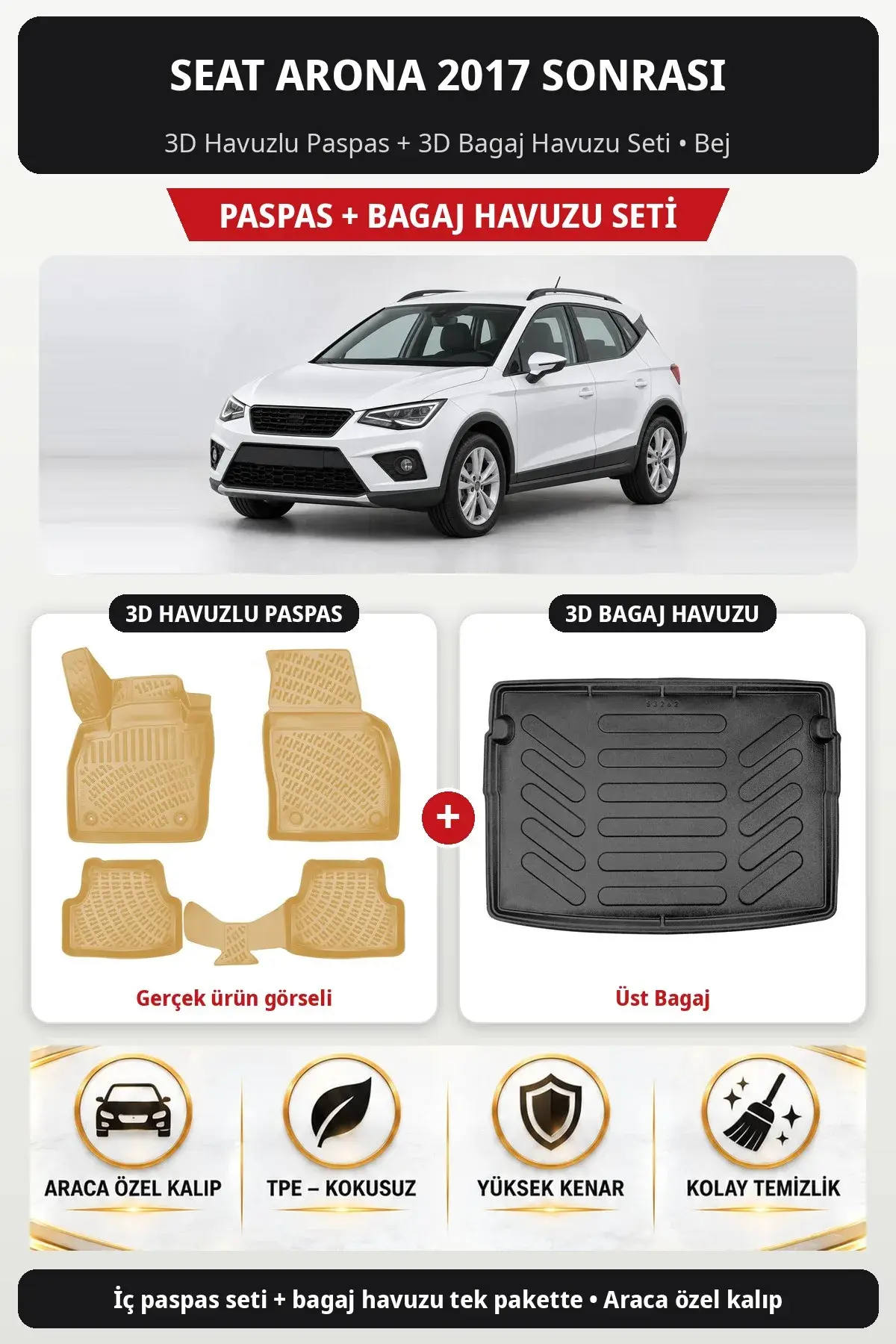 Seat Arona 2017 Sonrası 3D Havuzlu Paspas + 3D Bagaj Havuzu Seti (Üst Bagaj) Bej (1)