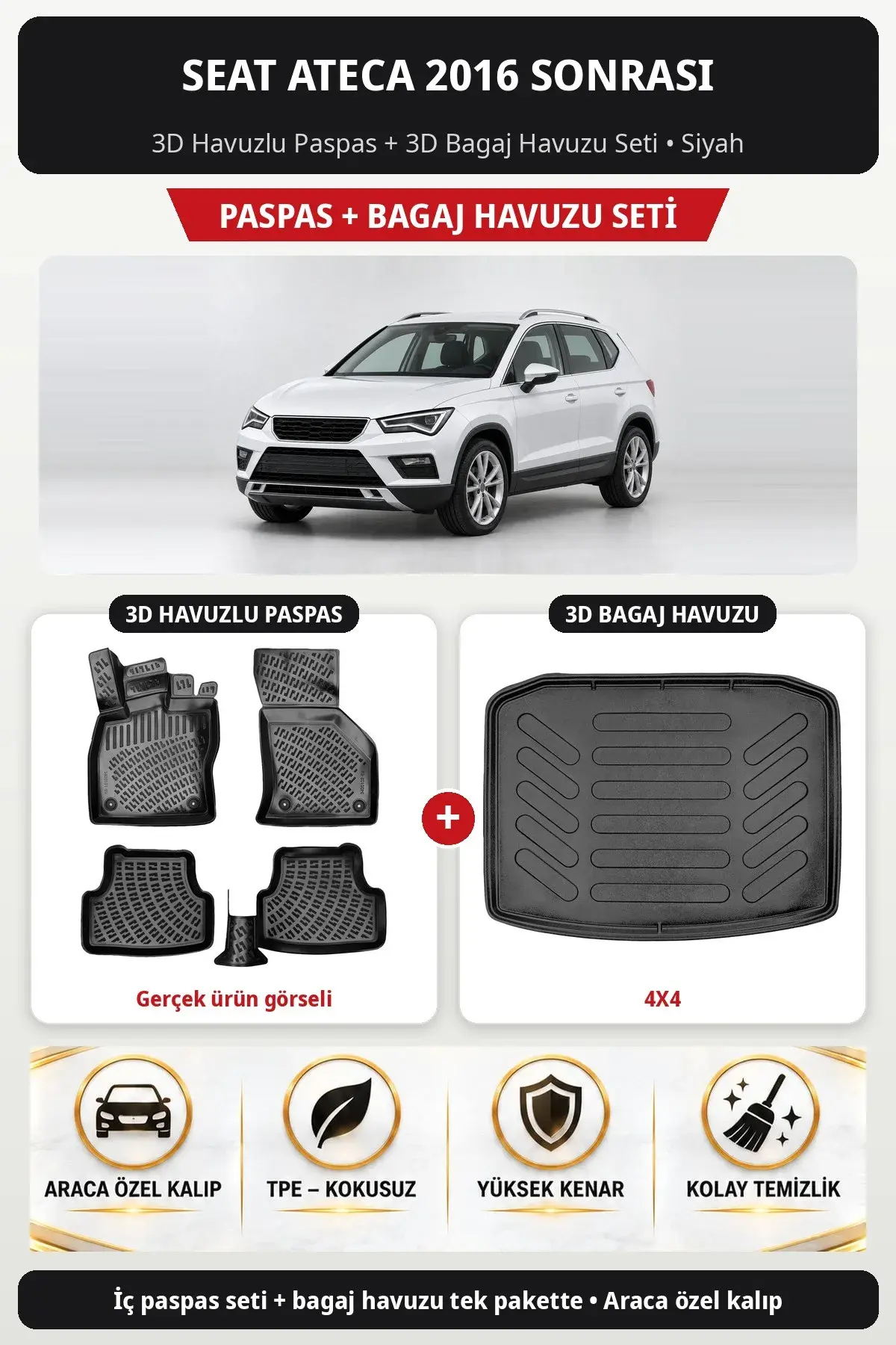 Seat Ateca 2016 Sonrası 3D Havuzlu Paspas + 3D Bagaj Havuzu Seti (4X4) Siyah (1)