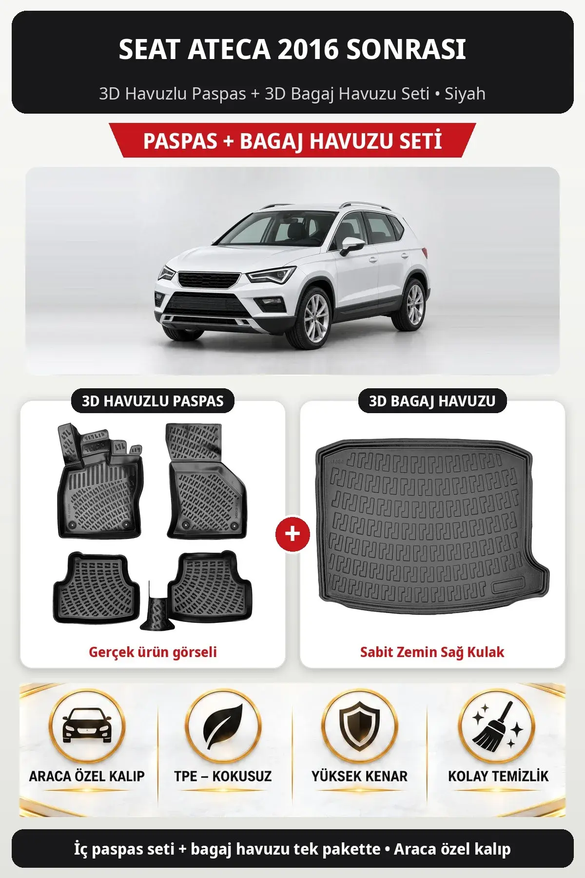 Seat Ateca 2016 Sonrası 3D Havuzlu Paspas + 3D Bagaj Havuzu Seti (Sabit Zemin Sağ Kulak) Siyah (1)