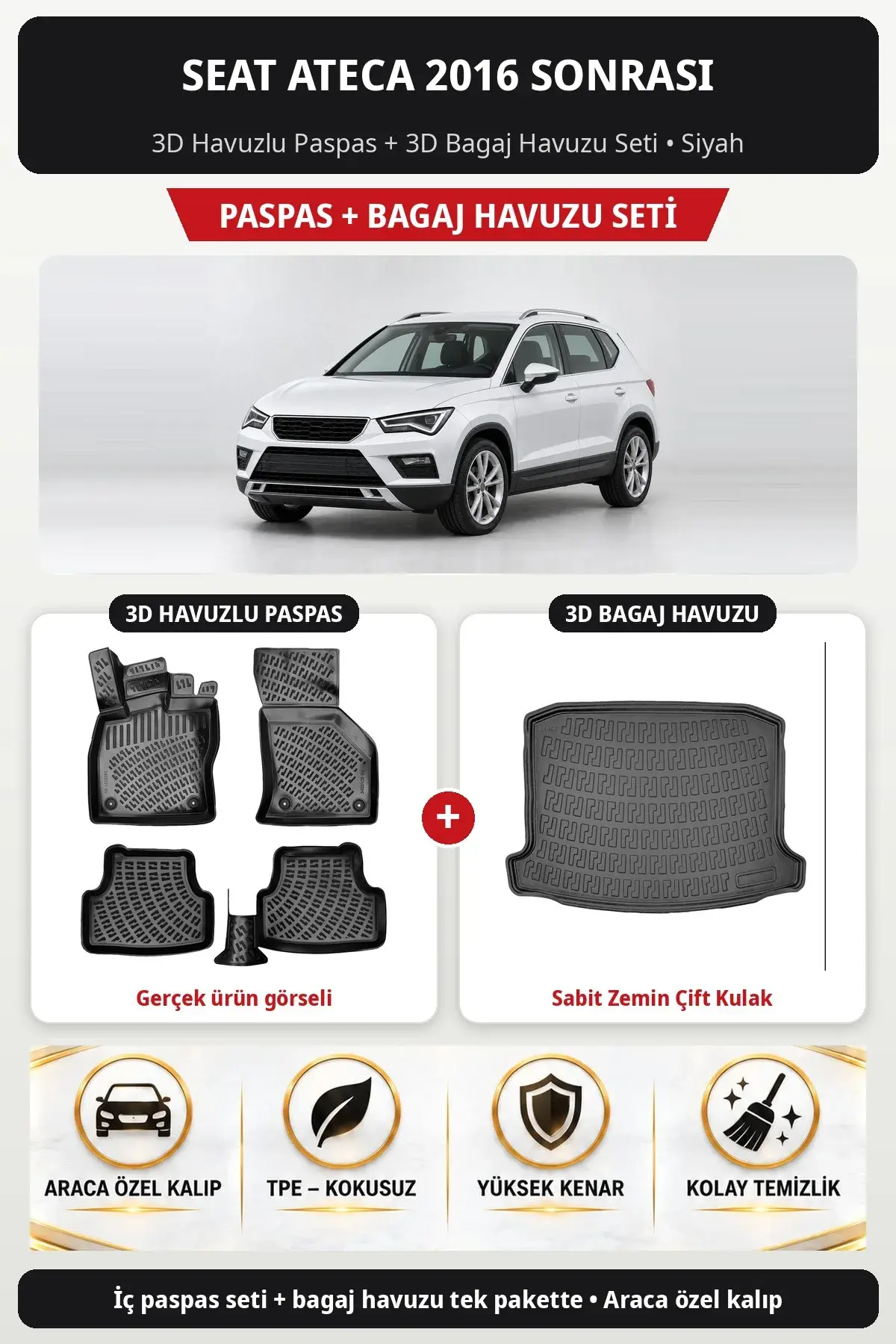 Seat Ateca 2016 Sonrası 3D Havuzlu Paspas + 3D Bagaj Havuzu Seti (Sabit Zemin Çift Kulak) Bej (1)