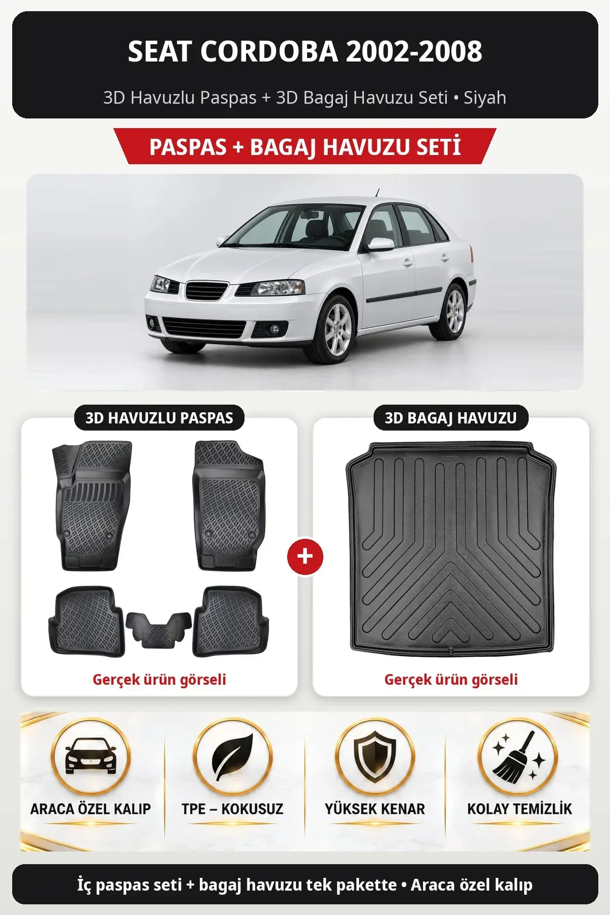 Seat Cordoba 2002-2008 3D Havuzlu Paspas + 3D Bagaj Havuzu Seti Siyah (1)