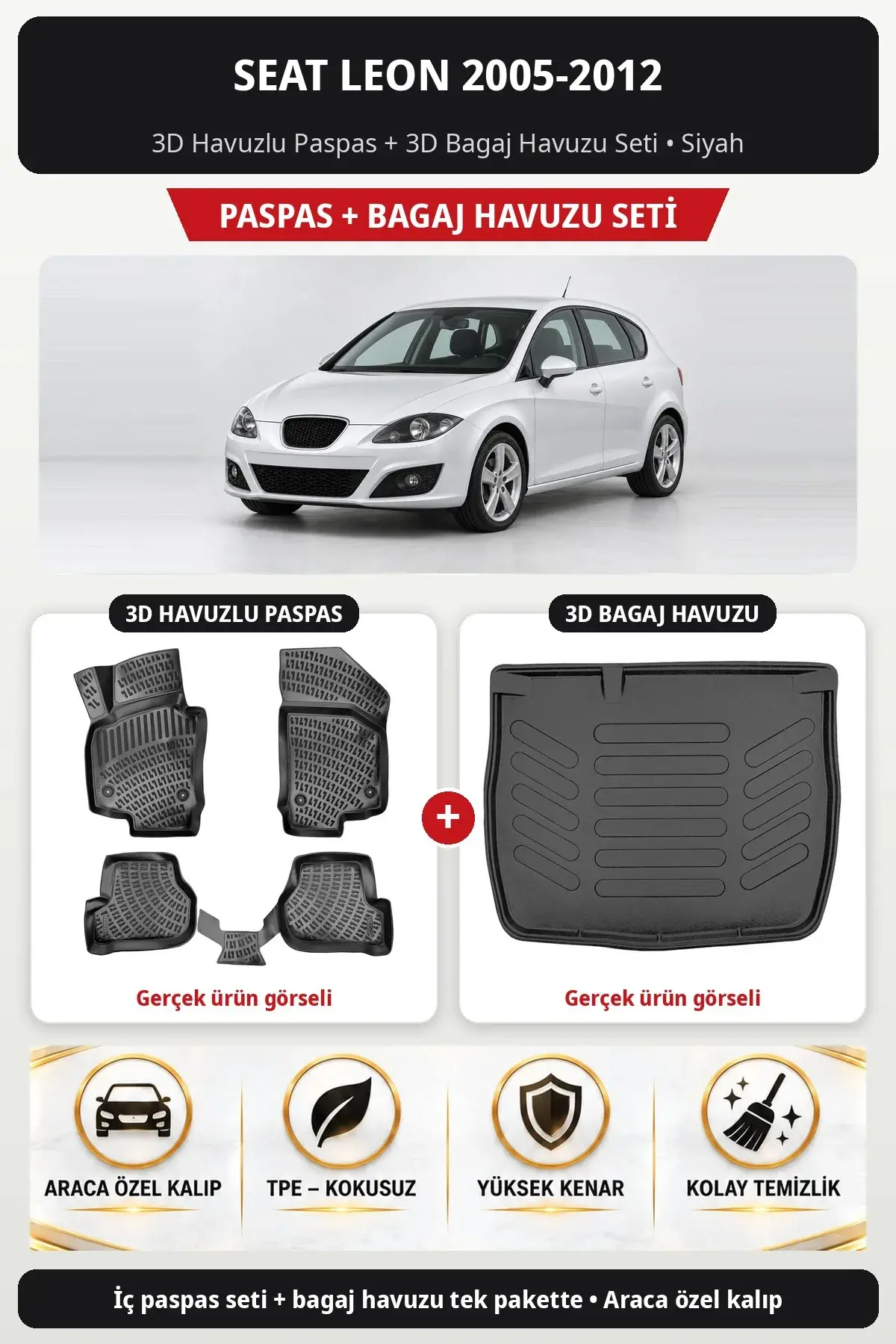 Seat Leon 2005-2012 3D Havuzlu Paspas + 3D Bagaj Havuzu Seti Siyah (1)