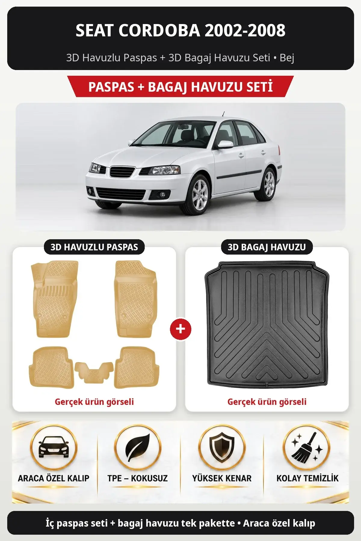 Seat Cordoba 2002-2008 3D Havuzlu Paspas + 3D Bagaj Havuzu Seti Bej (1)