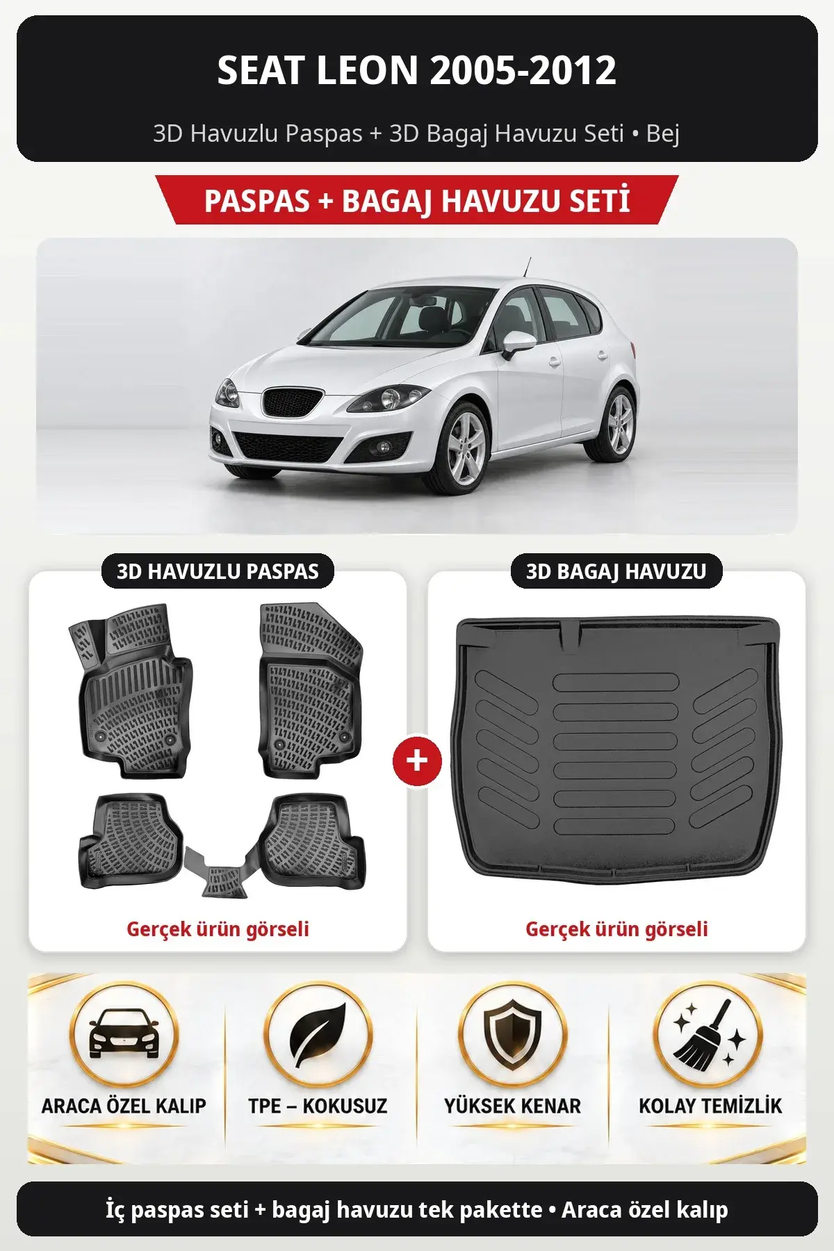 Seat Leon 2005-2012 3D Havuzlu Paspas + 3D Bagaj Havuzu Seti Bej (1)