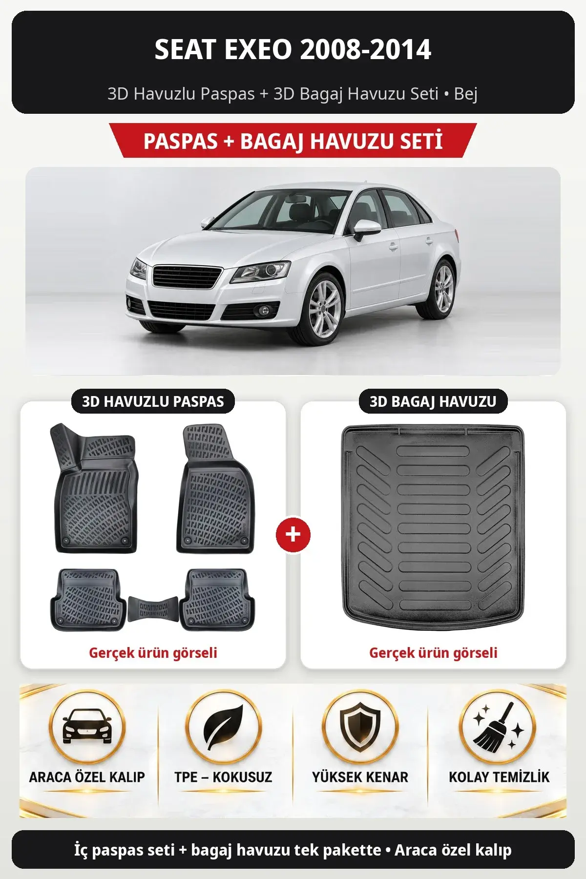 Seat Exeo 2008-2014 3D Havuzlu Paspas + 3D Bagaj Havuzu Seti Bej (1)