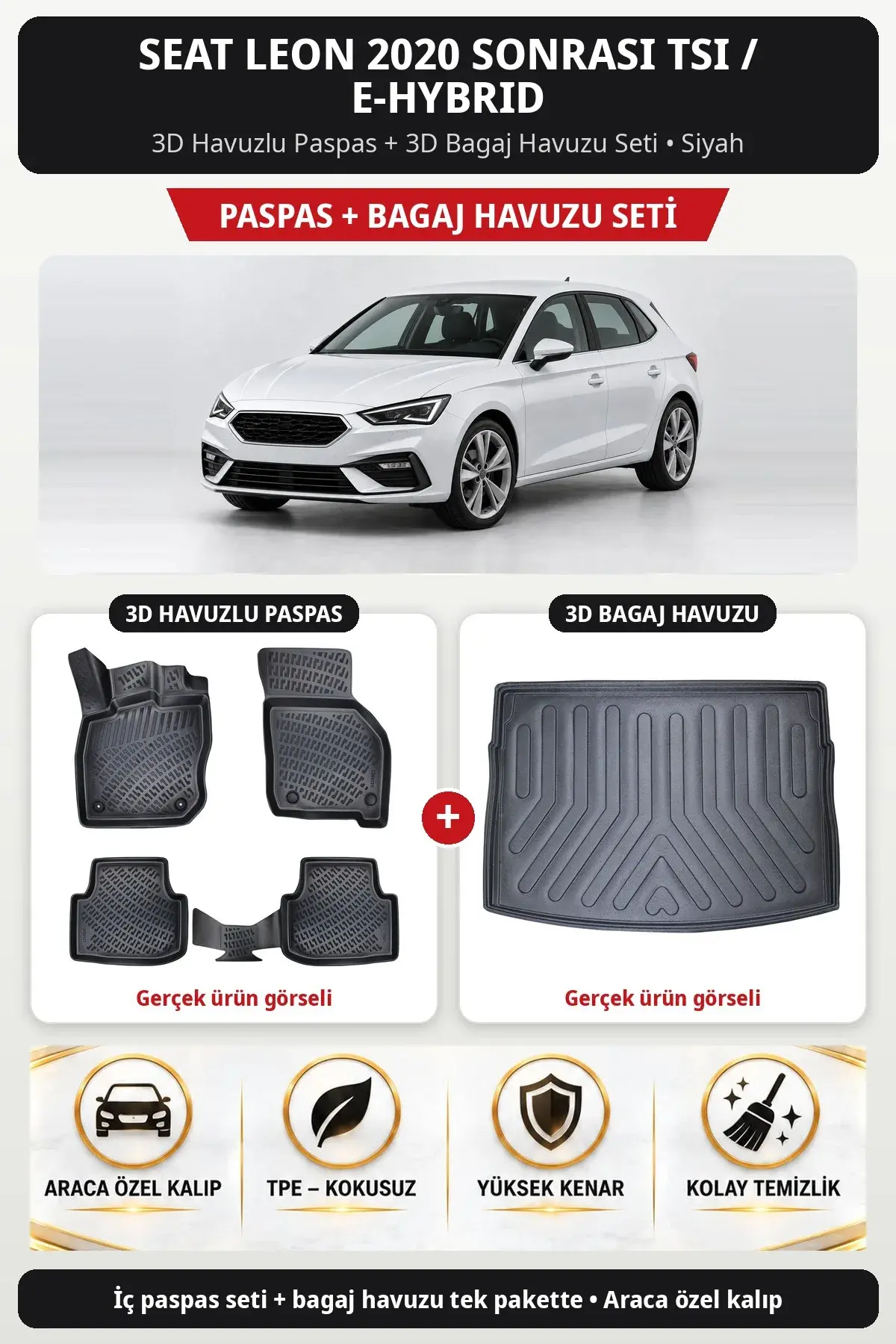 Seat Leon 2020 Sonrası Tsi / e-hybrid 3D Havuzlu Paspas + 3D Bagaj Havuzu Seti Siyah (1)