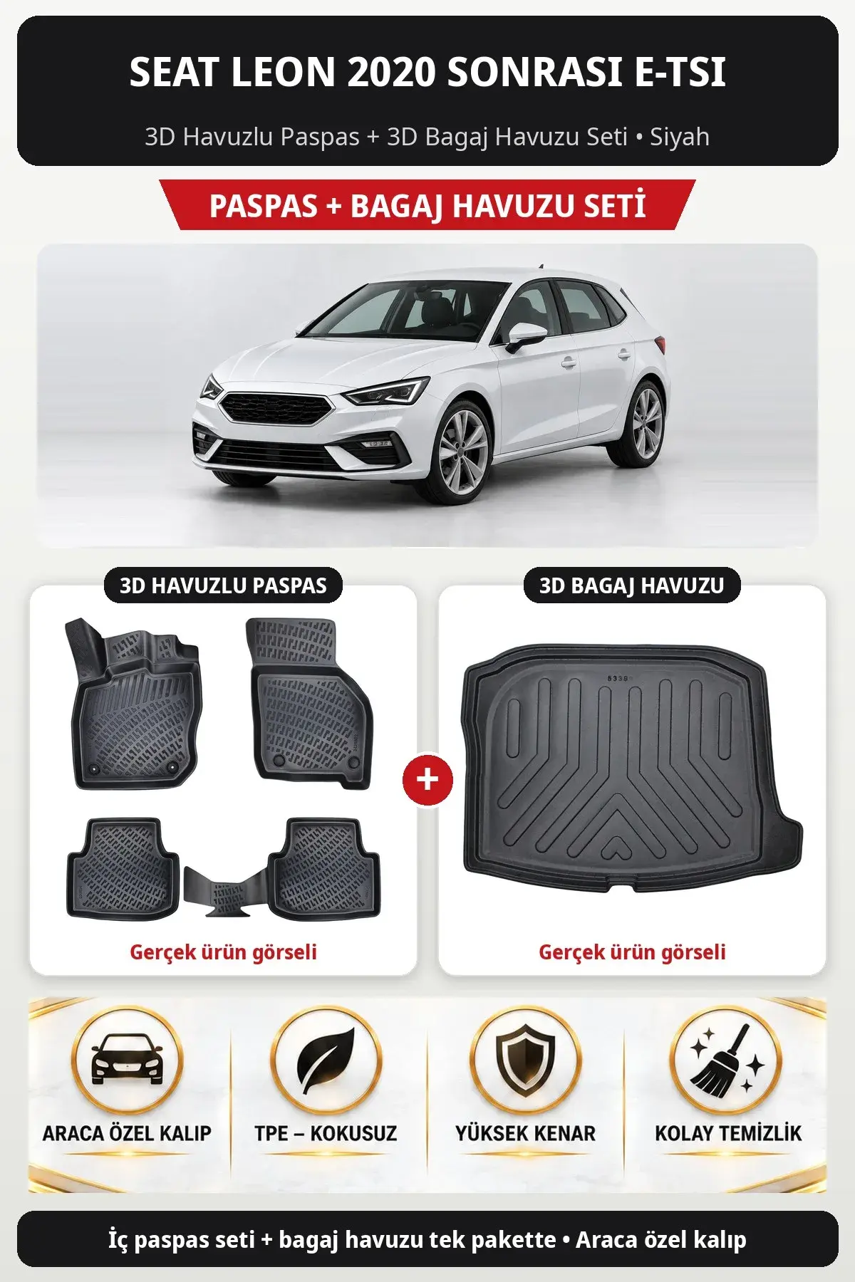 Seat Leon 2020 Sonrası e-Tsi 3D Havuzlu Paspas + 3D Bagaj Havuzu Seti Siyah (1)