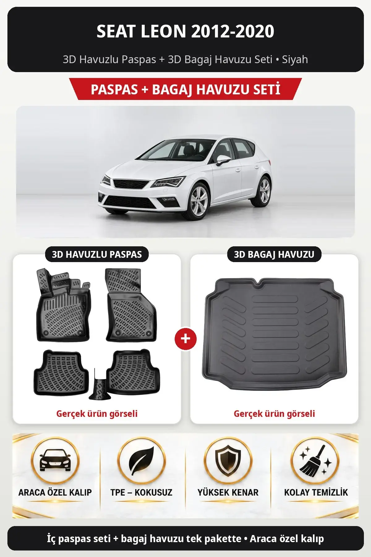 Seat Leon 2012-2020 3D Havuzlu Paspas + 3D Bagaj Havuzu Seti Siyah (1)