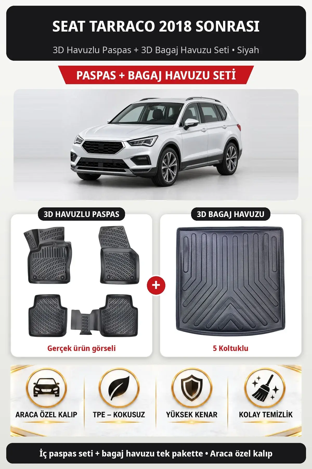 Seat Tarraco 2018 Sonrası 3D Havuzlu Paspas + 3D Bagaj Havuzu Seti (5 Koltuklu) Siyah (1)