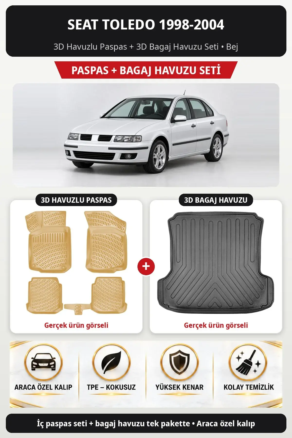 Seat Toledo 1998-2004 3D Havuzlu Paspas + 3D Bagaj Havuzu Seti Bej (1)