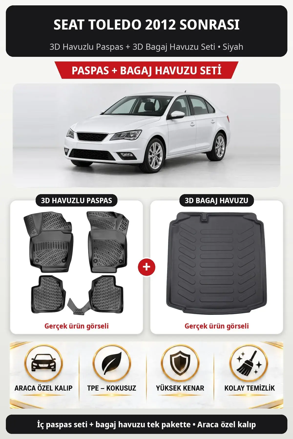 Seat Toledo 2012 Sonrası 3D Havuzlu Paspas + 3D Bagaj Havuzu Seti Siyah (1)