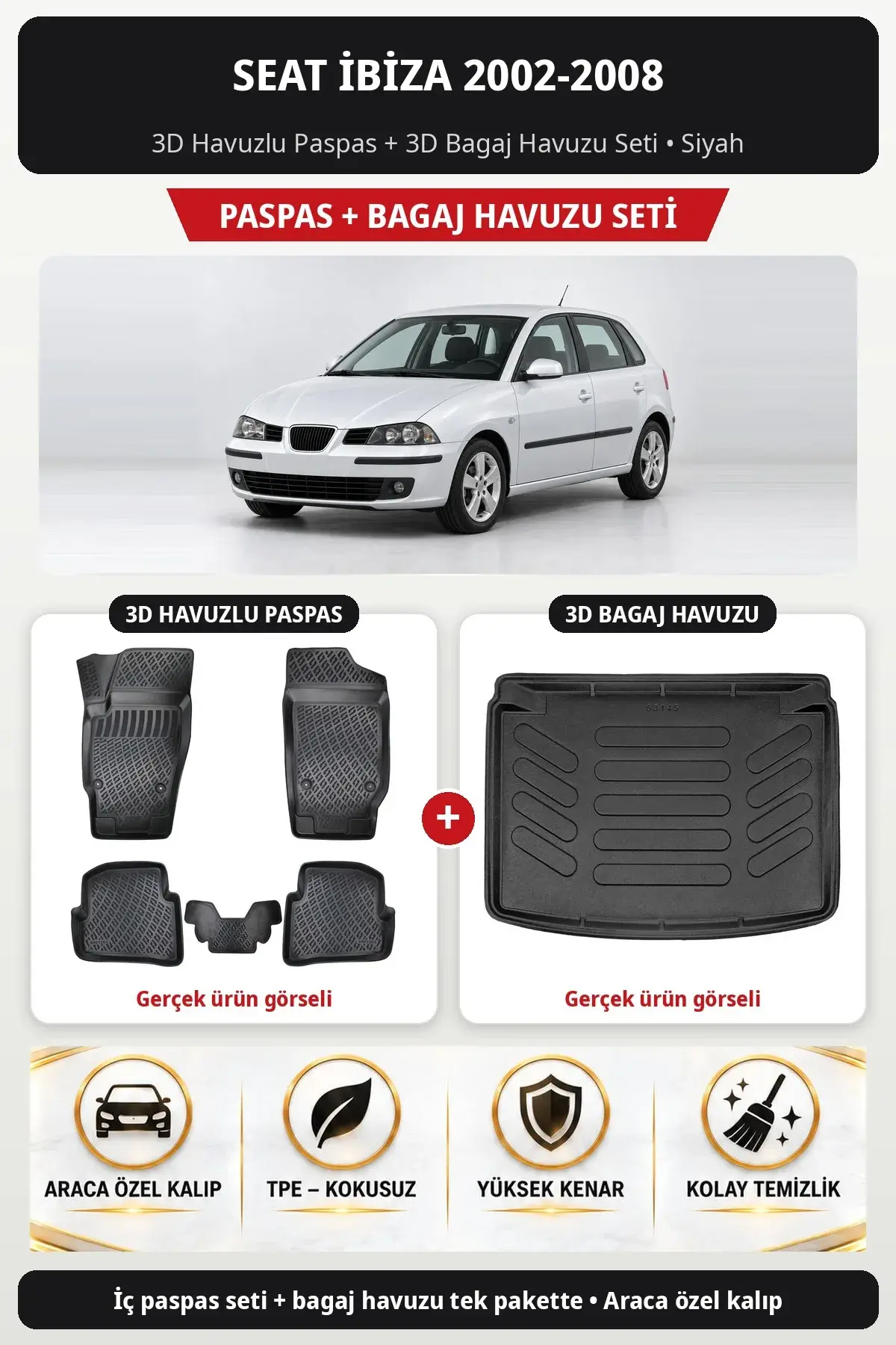 Seat İbiza 2002-2008 3D Havuzlu Paspas + 3D Bagaj Havuzu Seti Siyah (1)