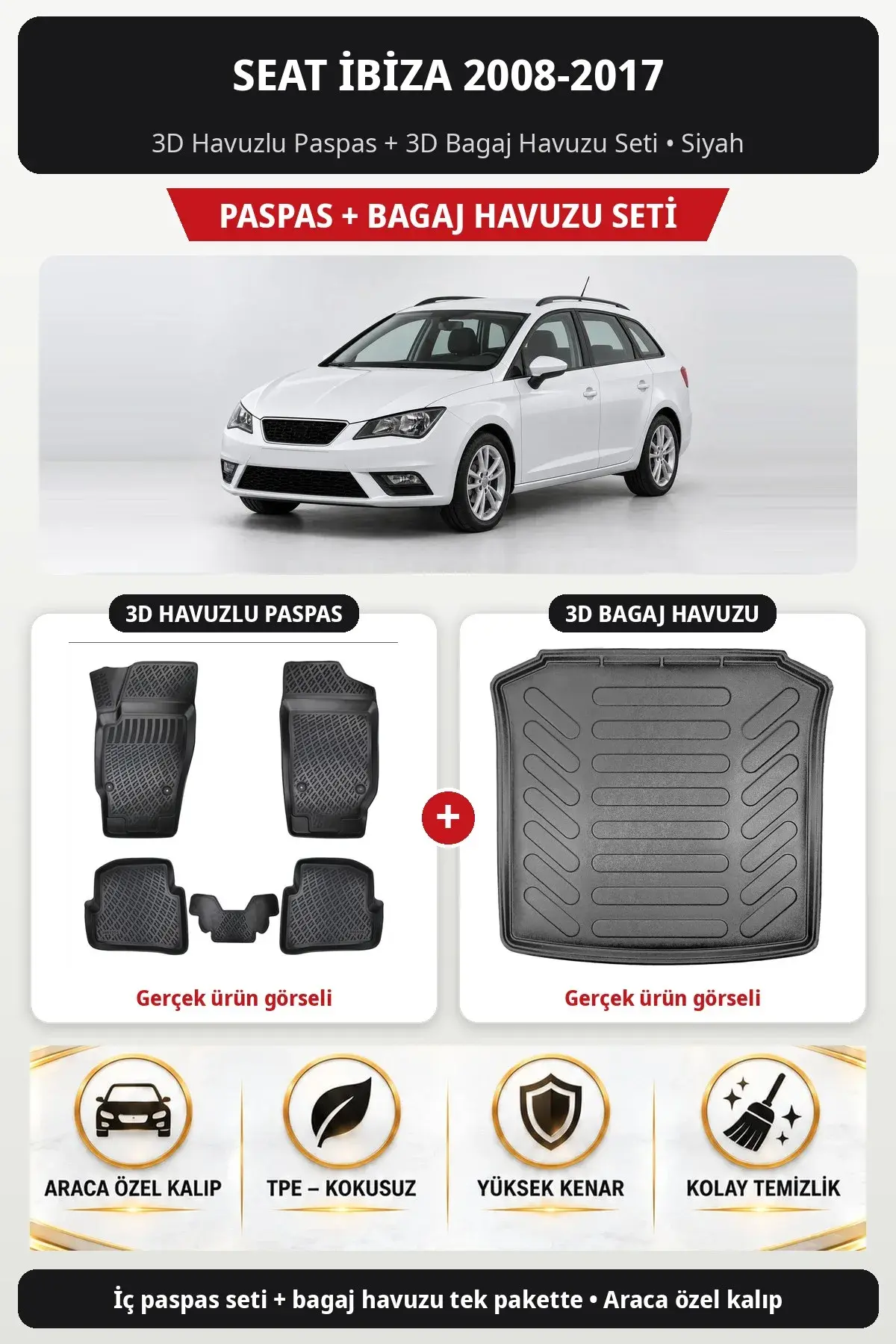 Seat İbiza 2008-2017 3D Havuzlu Paspas + 3D Bagaj Havuzu Seti Siyah (1)