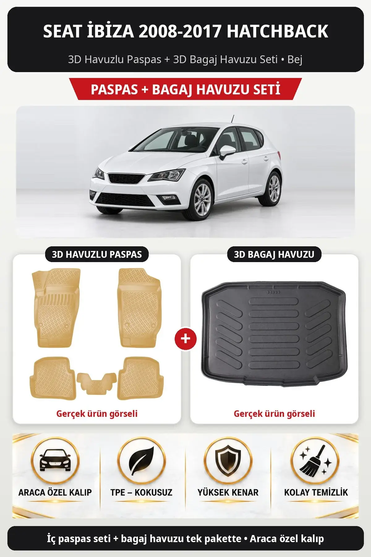 Seat İbiza 2008-2017 Hatchback 3D Havuzlu Paspas + 3D Bagaj Havuzu Seti Bej (1)