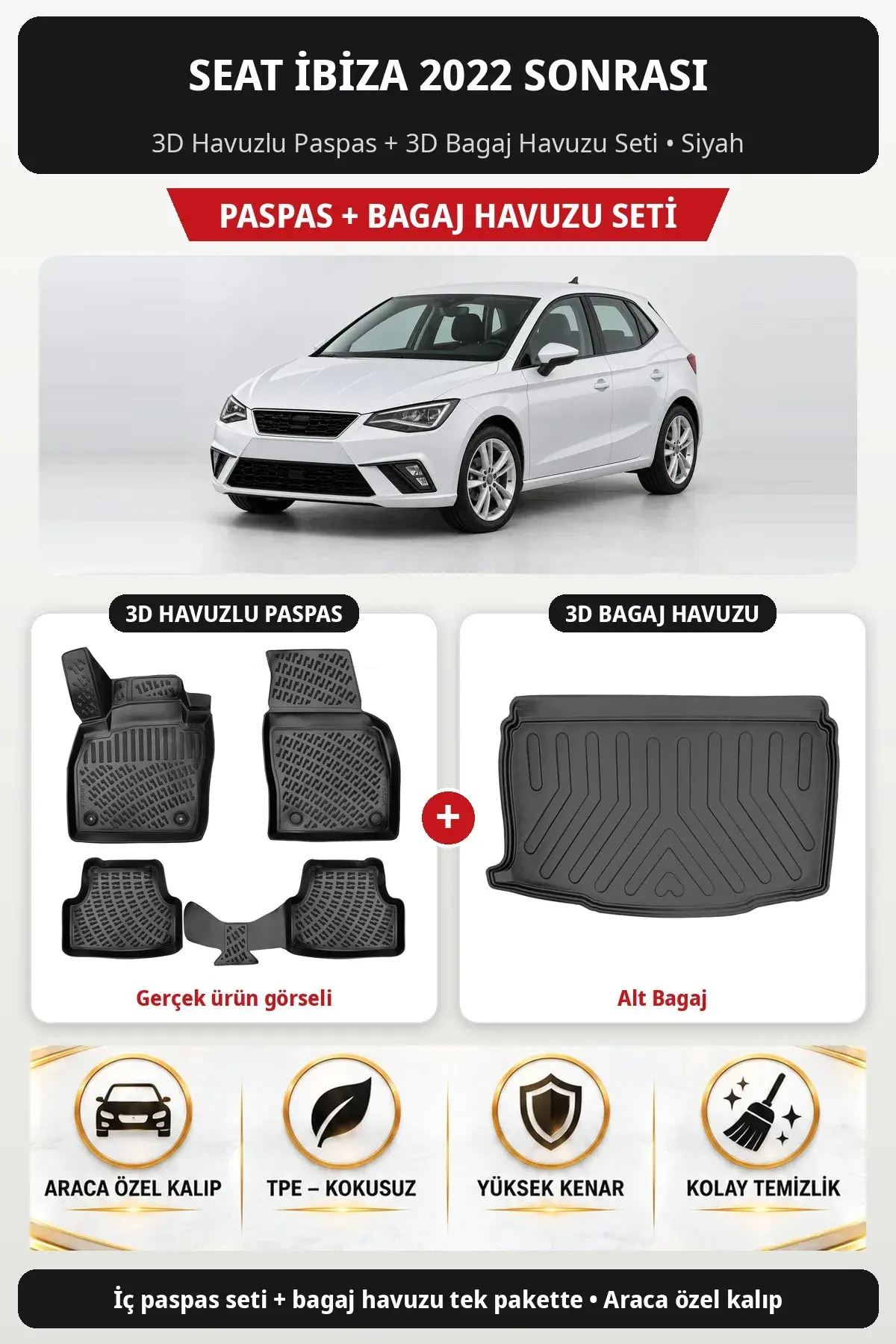 Seat İbiza 2022 Sonrası 3D Havuzlu Paspas + 3D Bagaj Havuzu Seti (Alt Bagaj) Siyah (1)