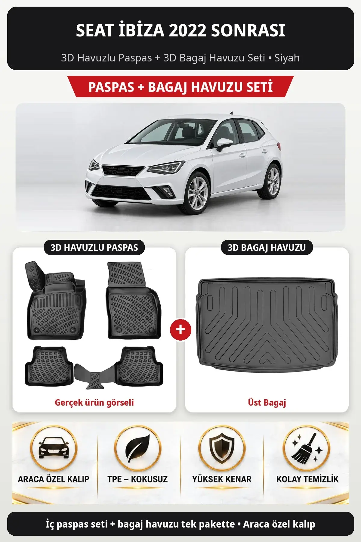 Seat İbiza 2022 Sonrası 3D Havuzlu Paspas + 3D Bagaj Havuzu Seti (Üst Bagaj) Siyah (1)
