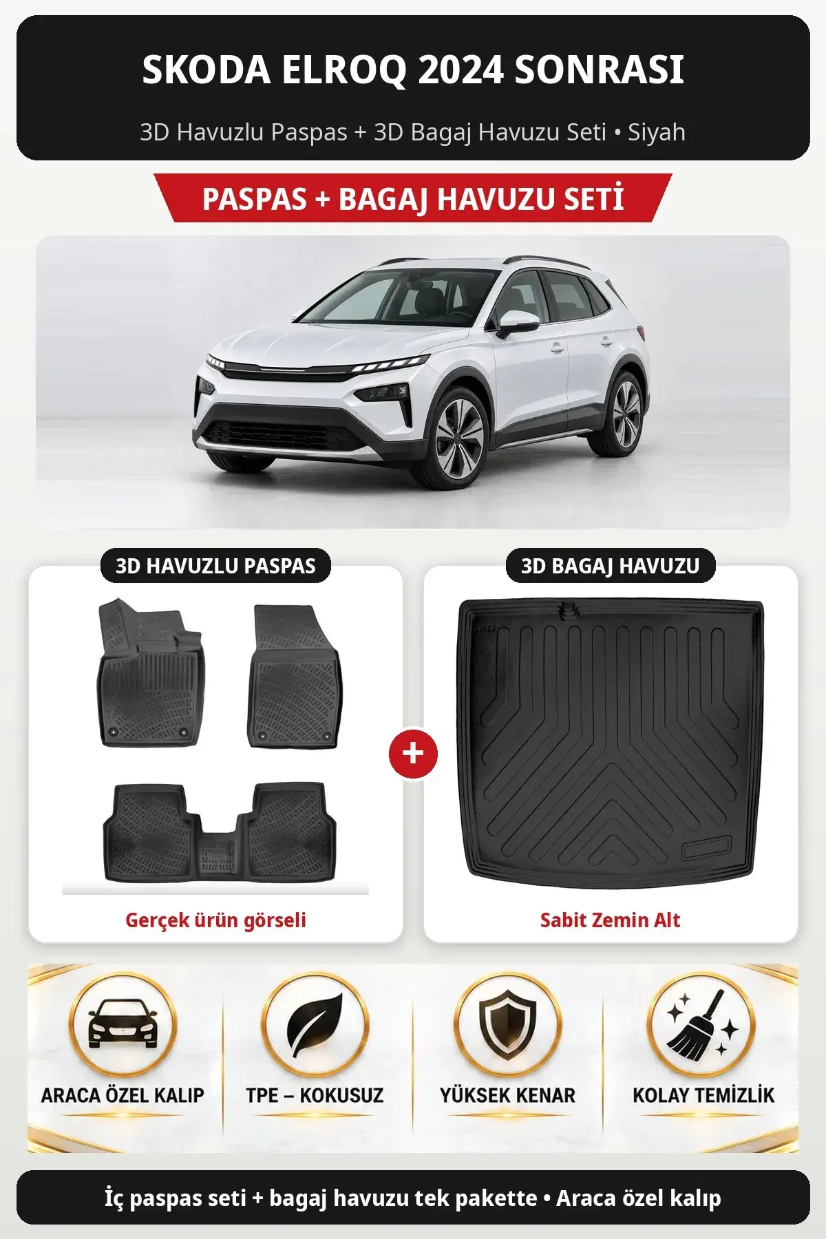 Skoda Elroq 2024 Sonrası 3D Havuzlu Paspas + 3D Bagaj Havuzu Seti (Sabit Zemin Alt) Siyah (1)
