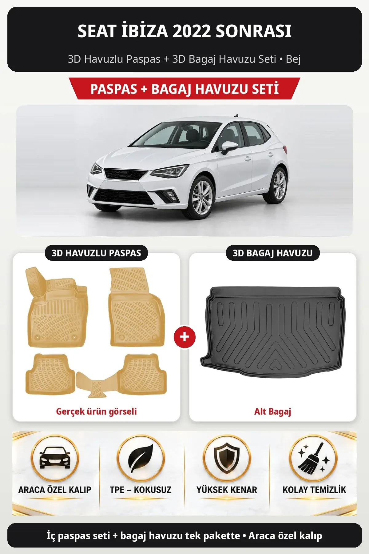 Seat İbiza 2022 Sonrası 3D Havuzlu Paspas + 3D Bagaj Havuzu Seti (Alt Bagaj) Bej (1)