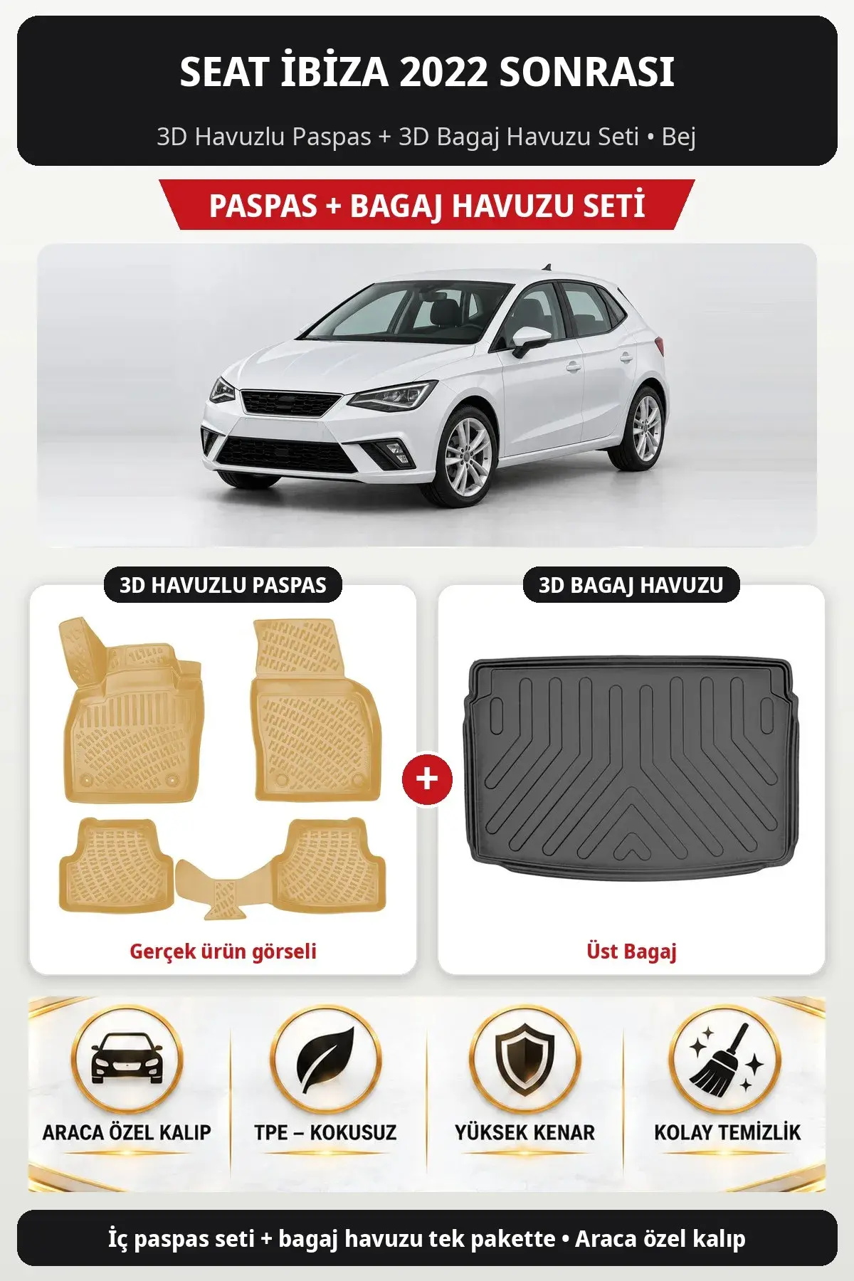Seat İbiza 2022 Sonrası 3D Havuzlu Paspas + 3D Bagaj Havuzu Seti (Üst Bagaj) Bej (1)