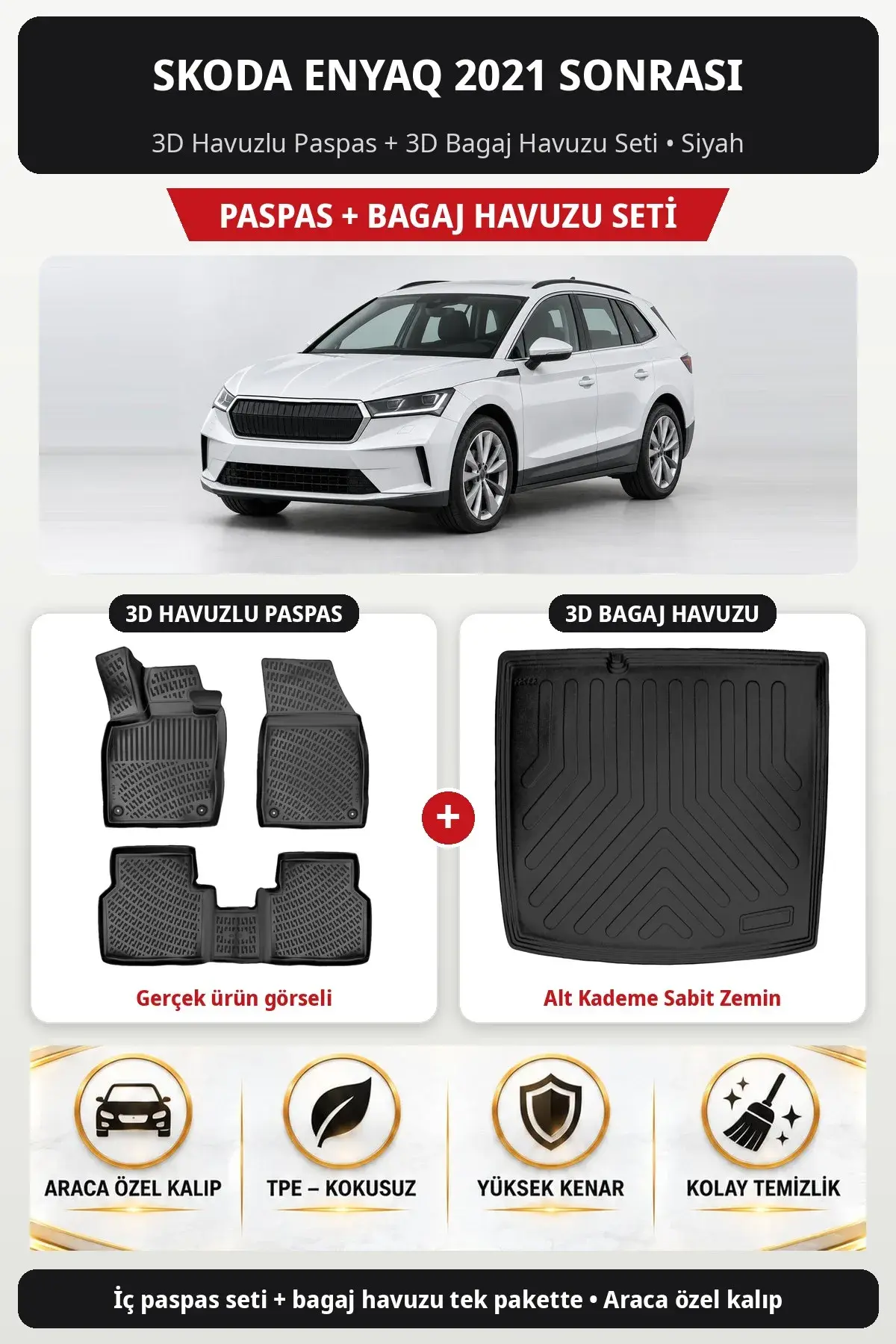 Skoda Enyaq 2021 Sonrası 3D Havuzlu Paspas + 3D Bagaj Havuzu Seti (Alt Kademe Sabit Zemin) Siyah (1)