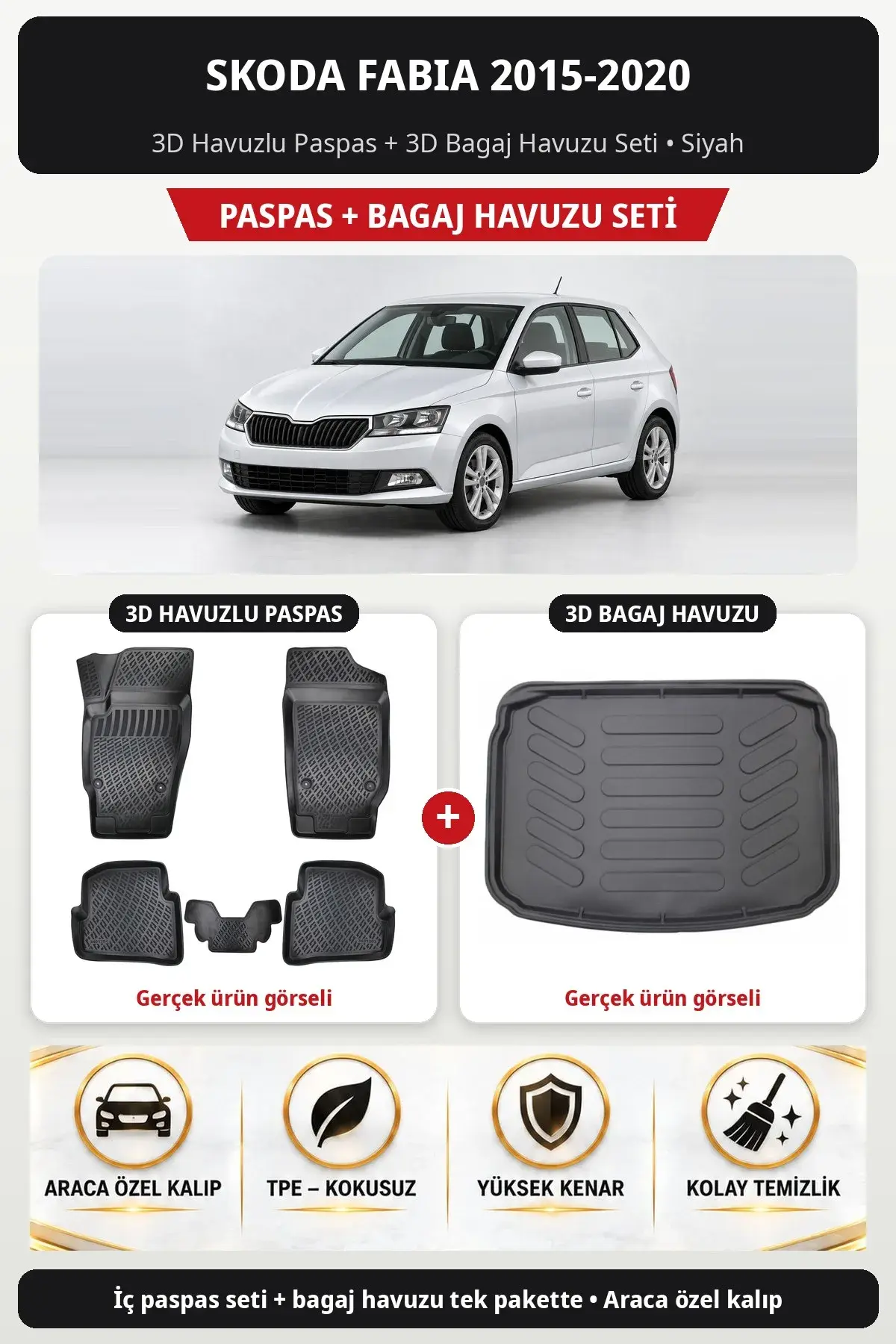 Skoda Fabia 2015-2020 3D Havuzlu Paspas + 3D Bagaj Havuzu Seti Siyah (1)