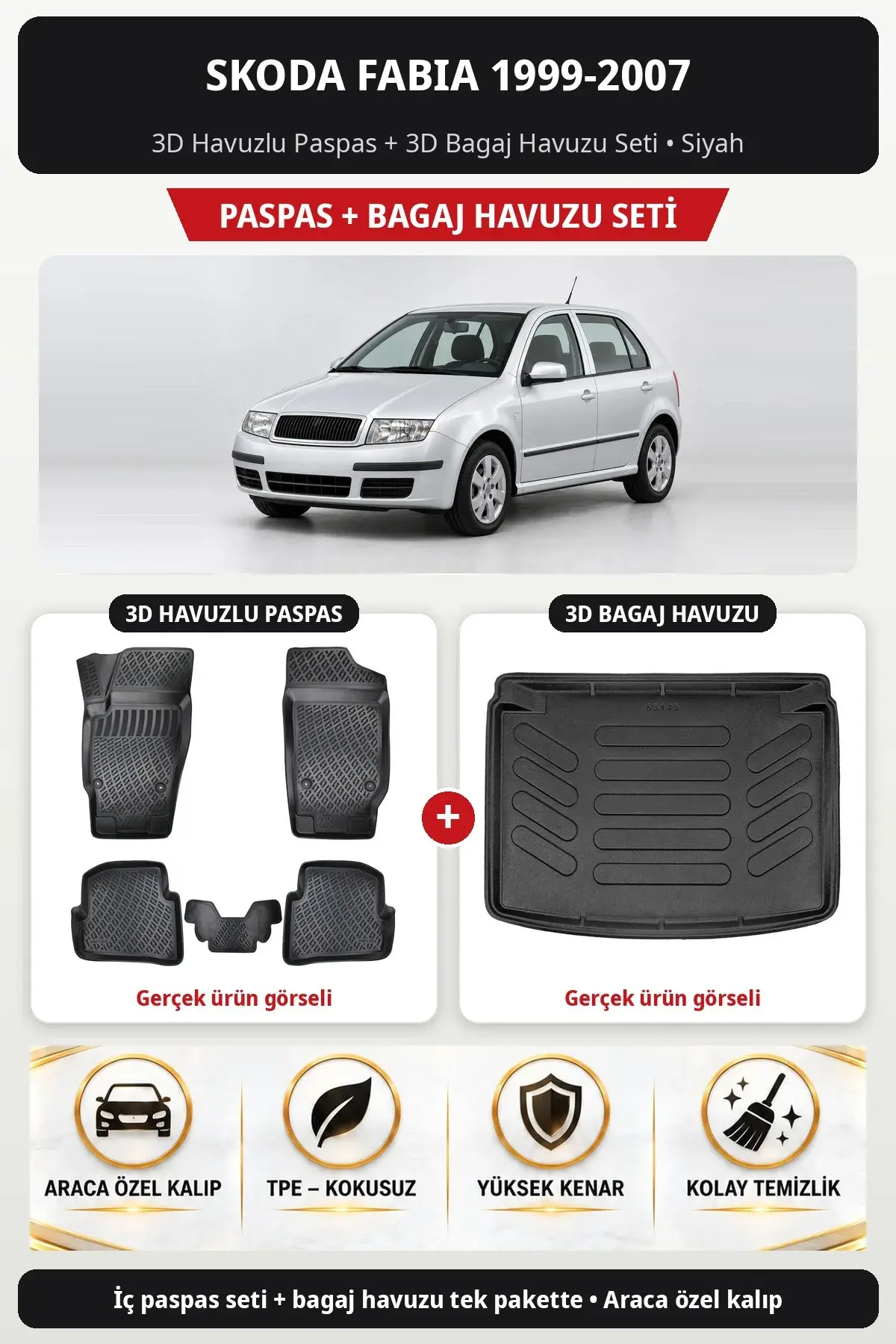 Skoda Fabia 1999-2007 3D Havuzlu Paspas + 3D Bagaj Havuzu Seti Siyah (1)