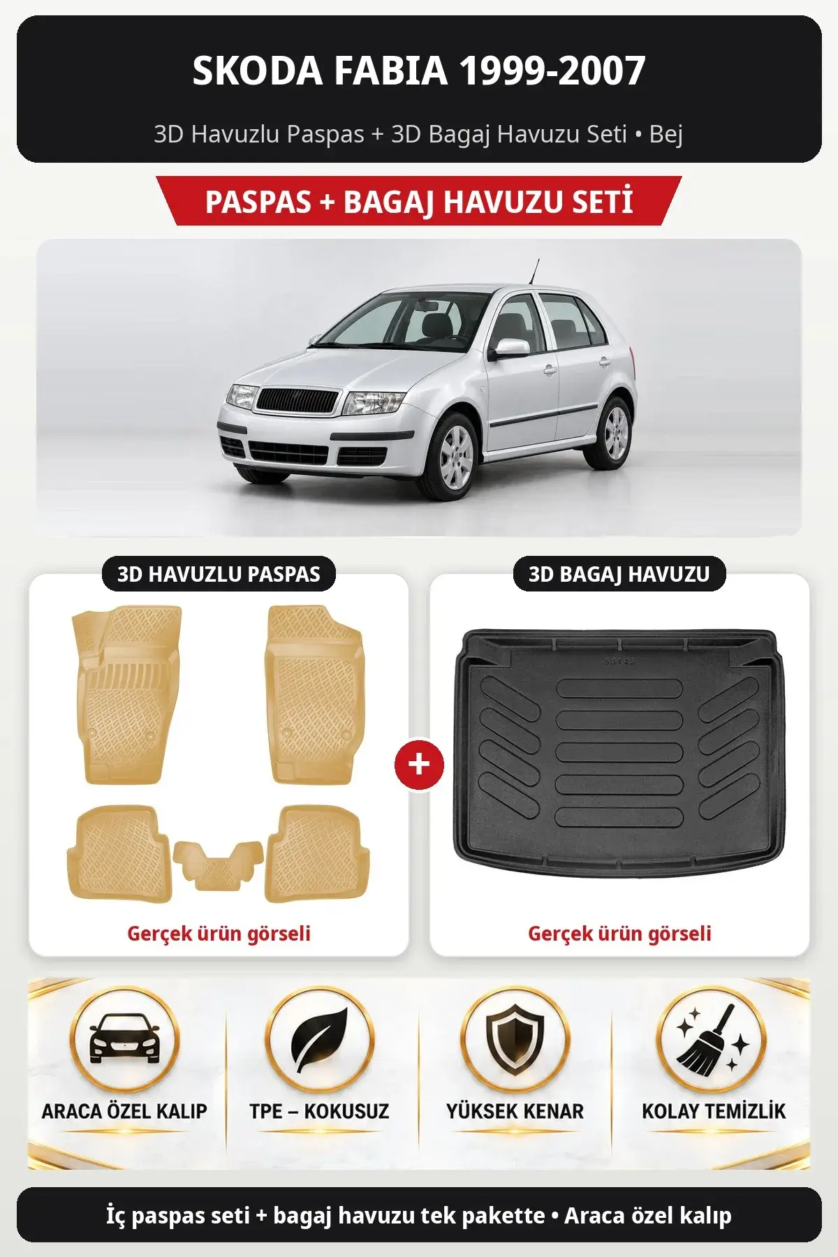 Skoda Fabia 1999-2007 3D Havuzlu Paspas + 3D Bagaj Havuzu Seti Bej (1)