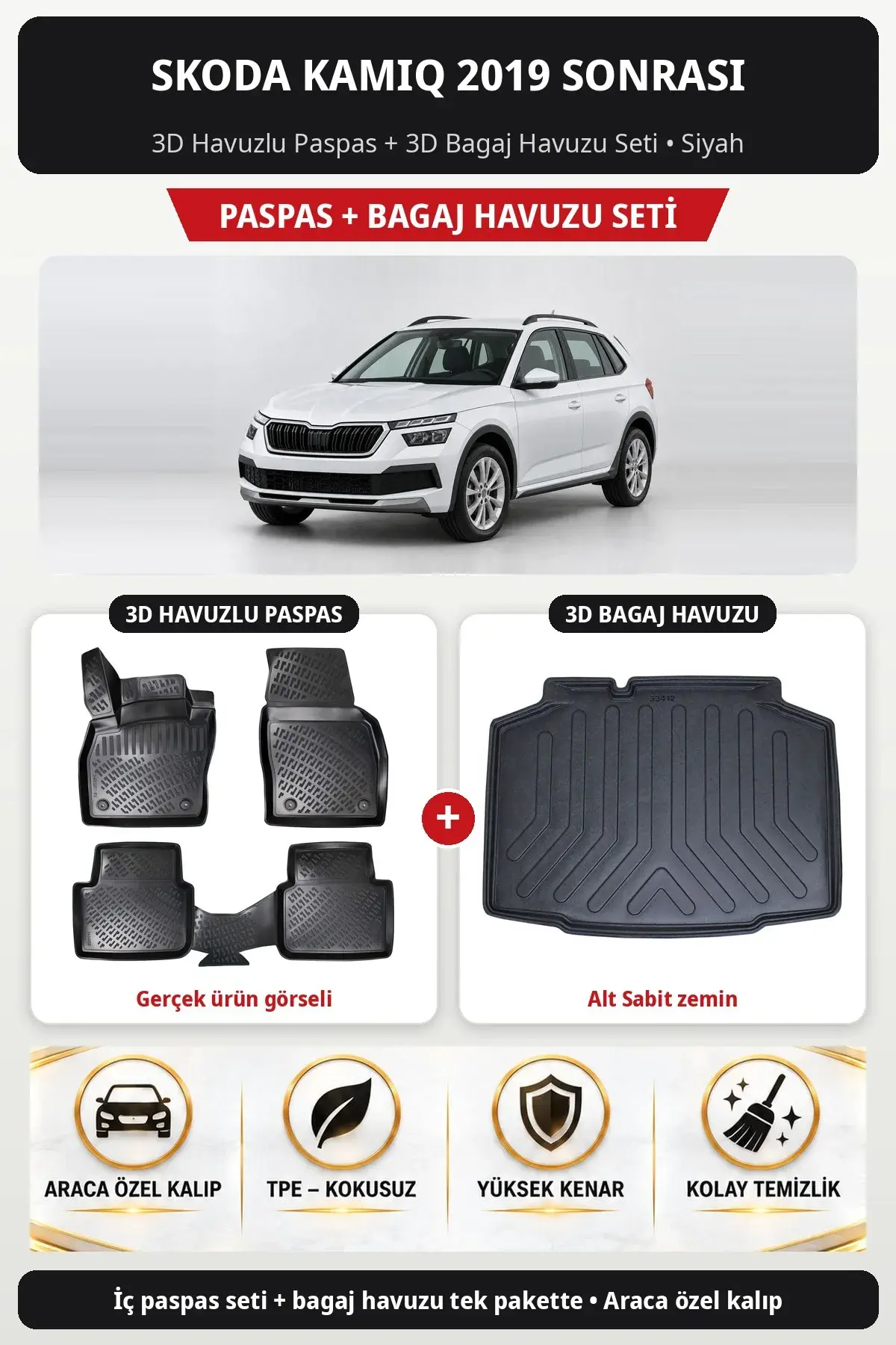Skoda Kamiq 2019 Sonrası 3D Havuzlu Paspas + 3D Bagaj Havuzu Seti (Alt Sabit zemin) Siyah (1)