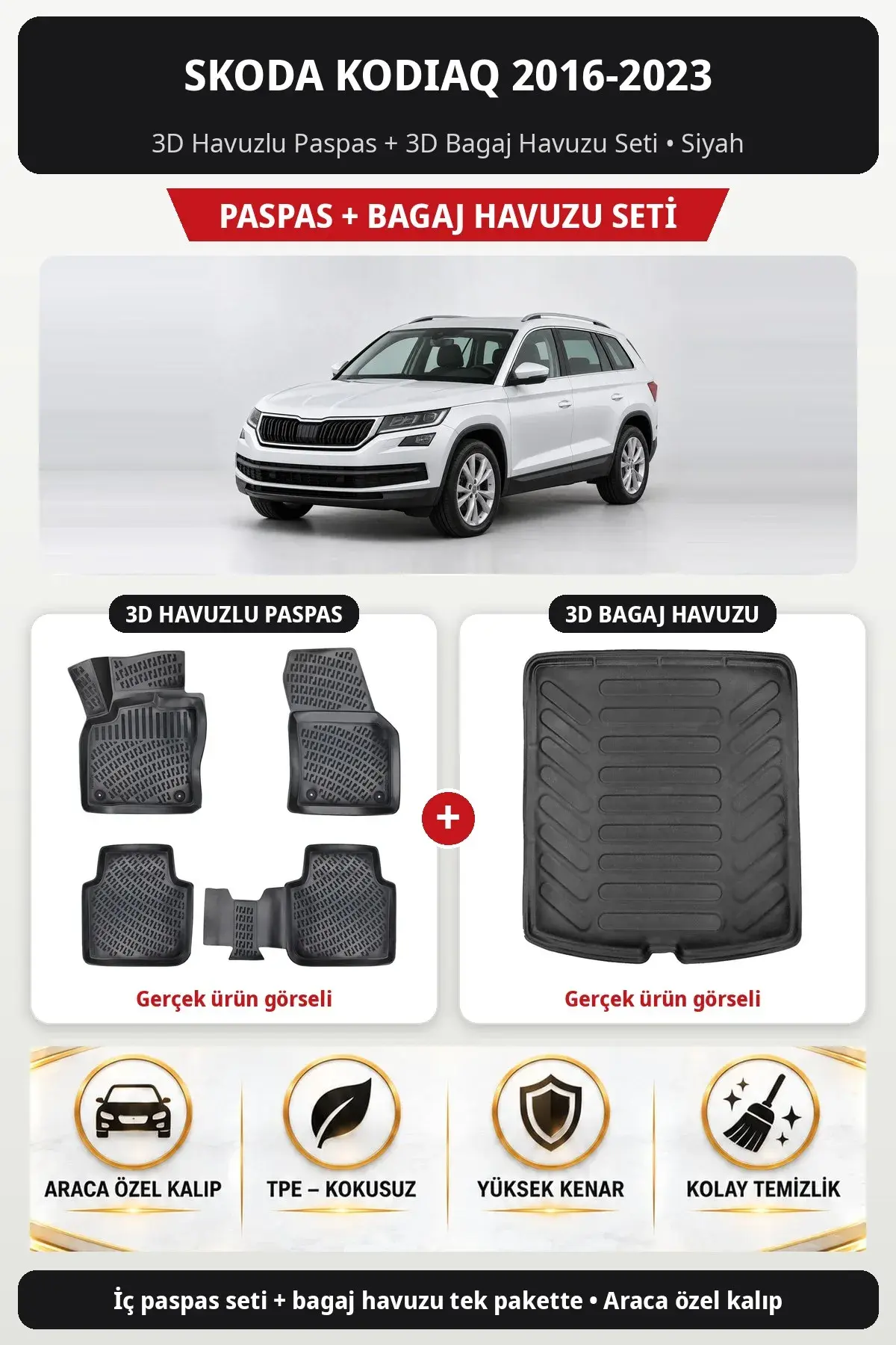 Skoda Kodiaq 2016-2023 3D Havuzlu Paspas + 3D Bagaj Havuzu Seti Siyah (1)