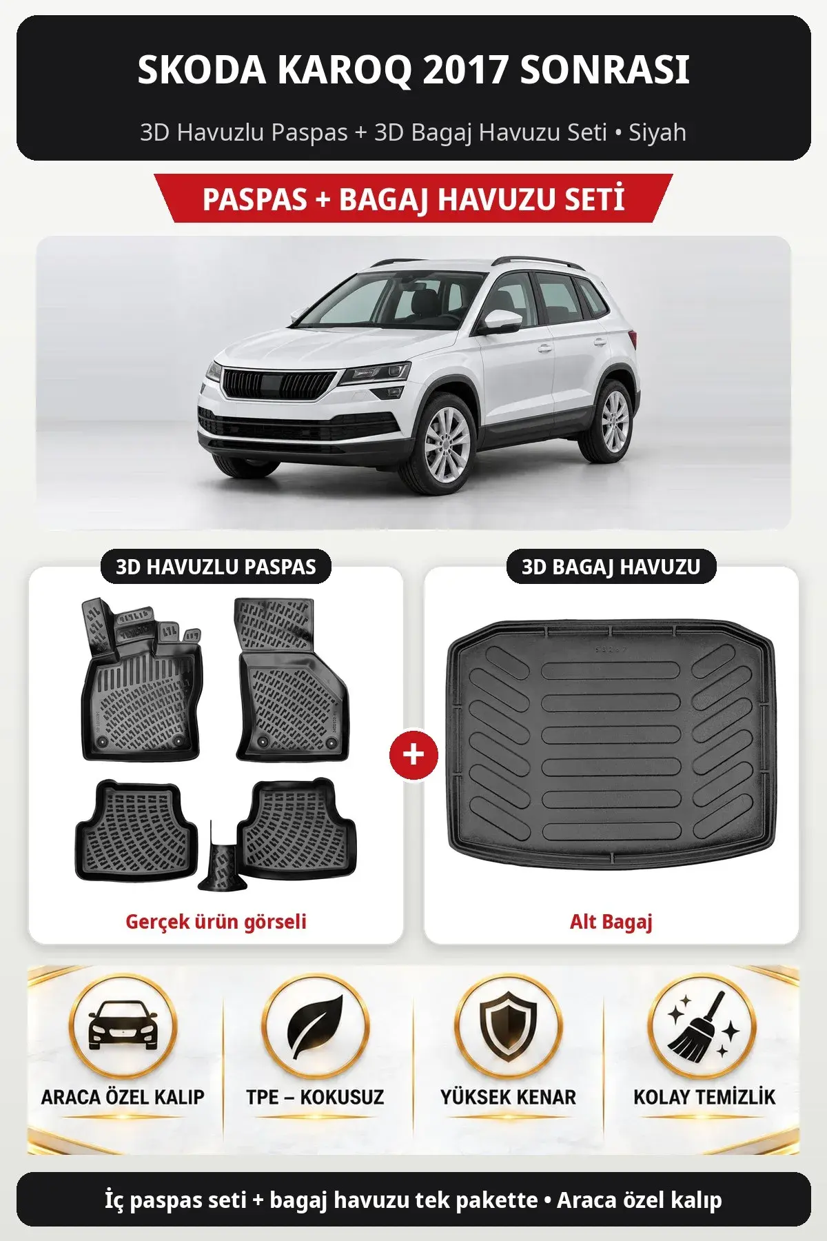 Skoda Karoq 2017 Sonrası 3D Havuzlu Paspas + 3D Bagaj Havuzu Seti (Alt Bagaj) Siyah (1)
