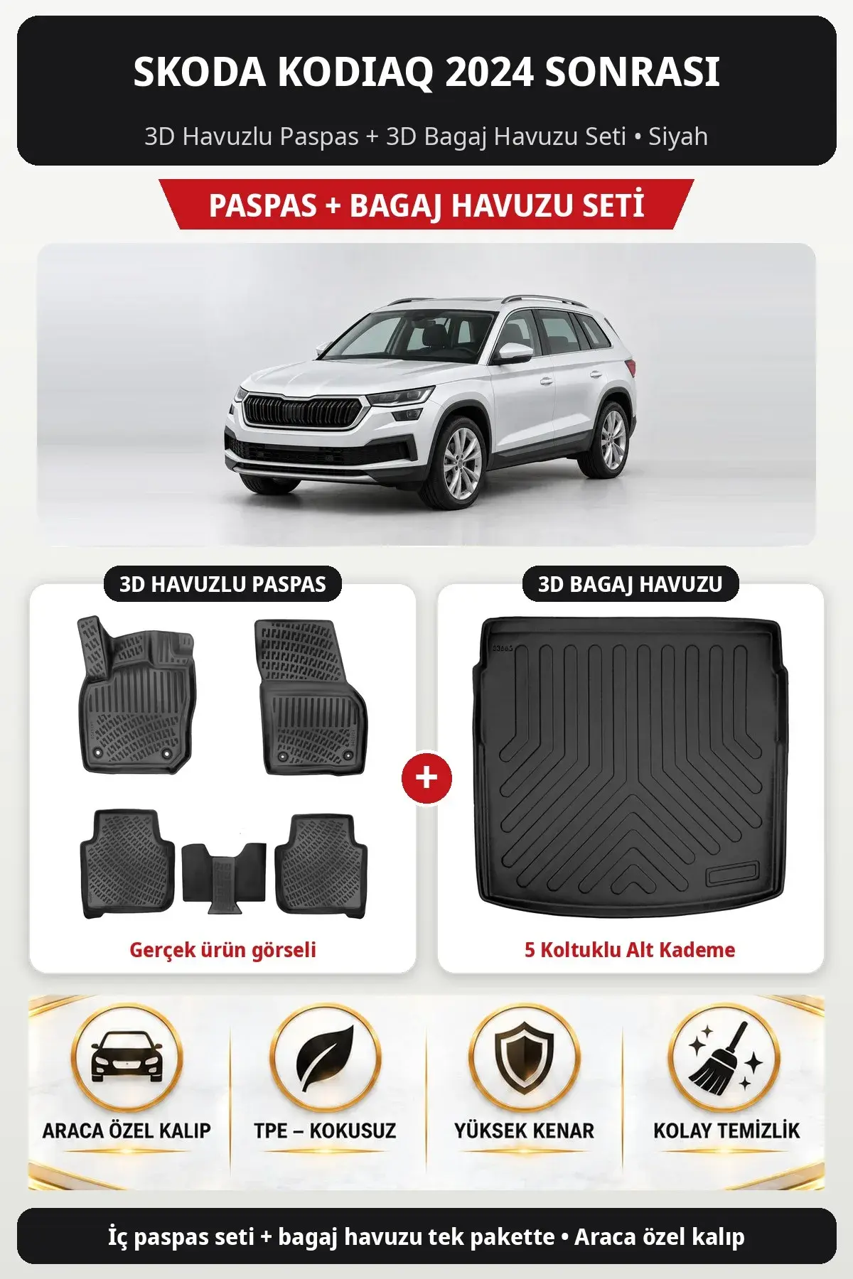 Skoda Kodiaq 2024 Sonrası 3D Havuzlu Paspas + 3D Bagaj Havuzu Seti (5 Koltuklu Alt Kademe) Siyah (1)