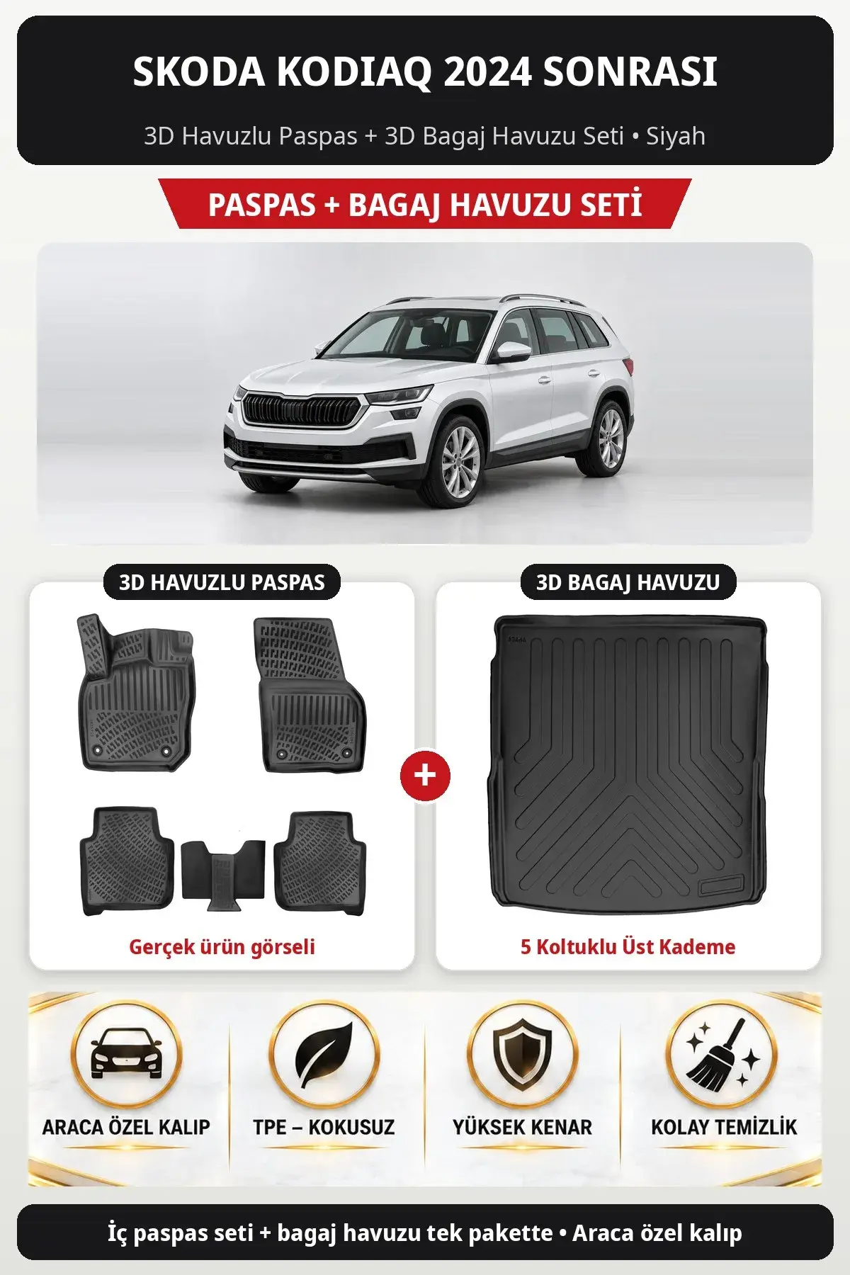 Skoda Kodiaq 2024 Sonrası 3D Havuzlu Paspas + 3D Bagaj Havuzu Seti (5 Koltuklu Üst Kademe) Siyah (1)