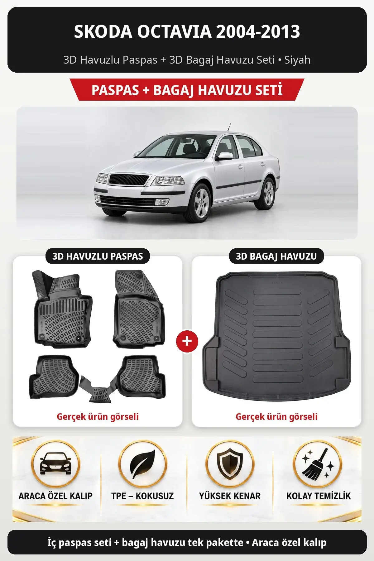 Skoda Octavia 2004-2013 3D Havuzlu Paspas + 3D Bagaj Havuzu Seti Siyah (1)