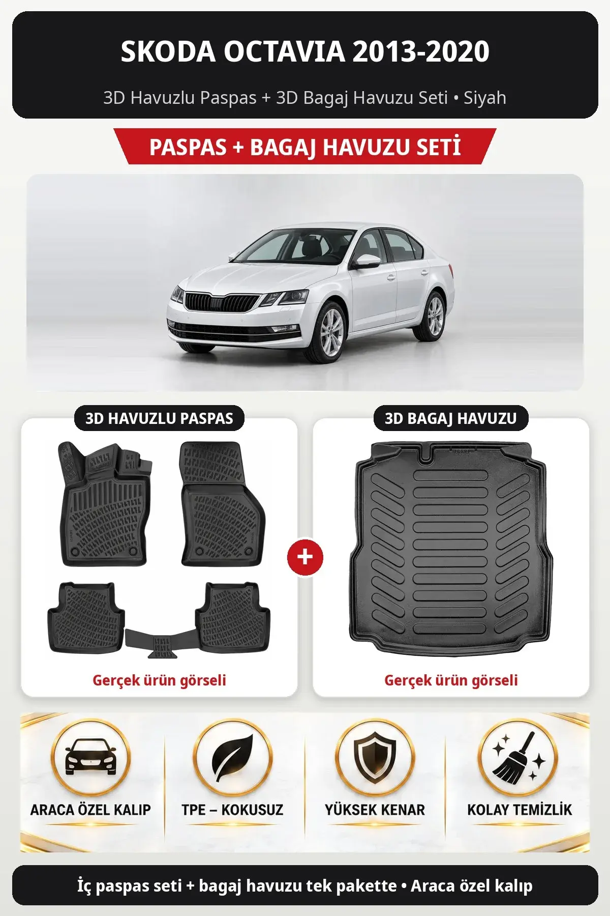Skoda Octavia 2013-2020 3D Havuzlu Paspas + 3D Bagaj Havuzu Seti Siyah (1)