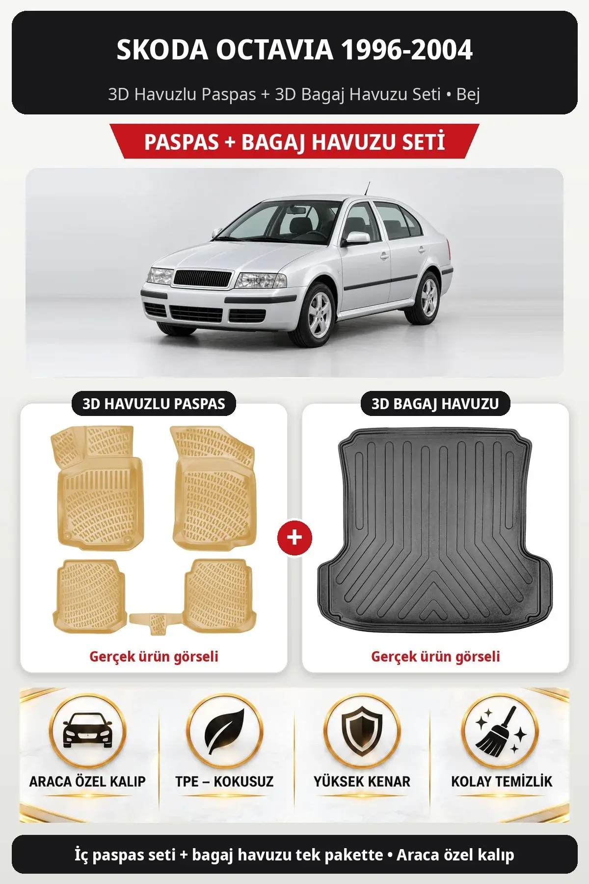Skoda Octavia 1996-2004 3D Havuzlu Paspas + 3D Bagaj Havuzu Seti Bej (1)