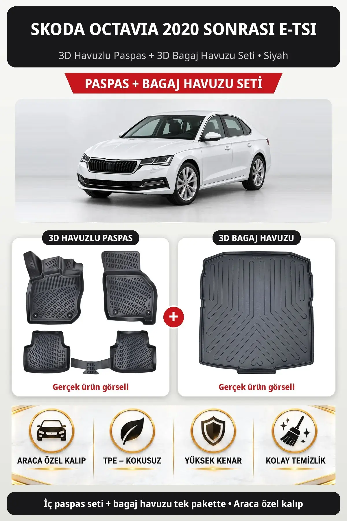 Skoda Octavia 2020 Sonrası e-TSI 3D Havuzlu Paspas + 3D Bagaj Havuzu Seti Siyah (1)