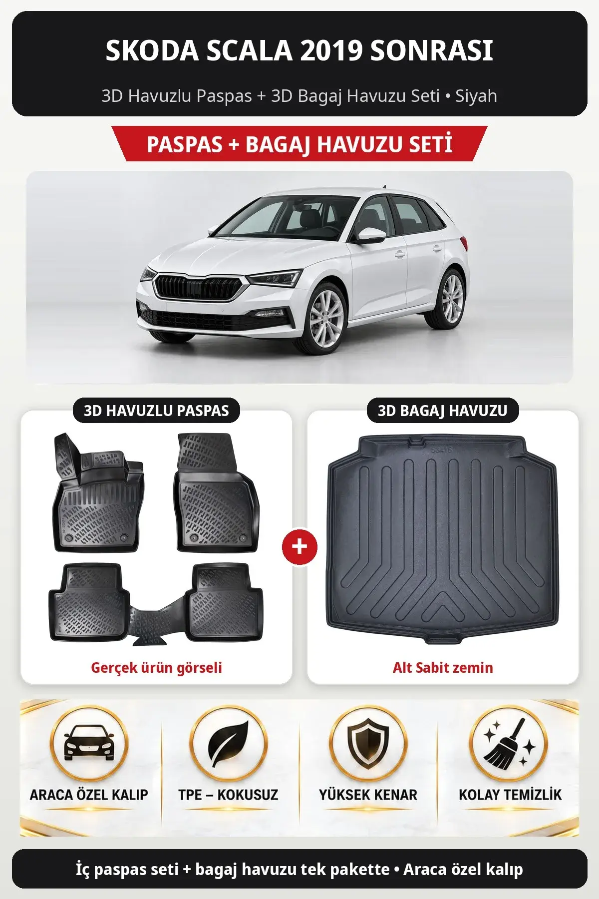 Skoda Scala 2019 Sonrası 3D Havuzlu Paspas + 3D Bagaj Havuzu Seti (Alt Sabit zemin) Siyah (1)