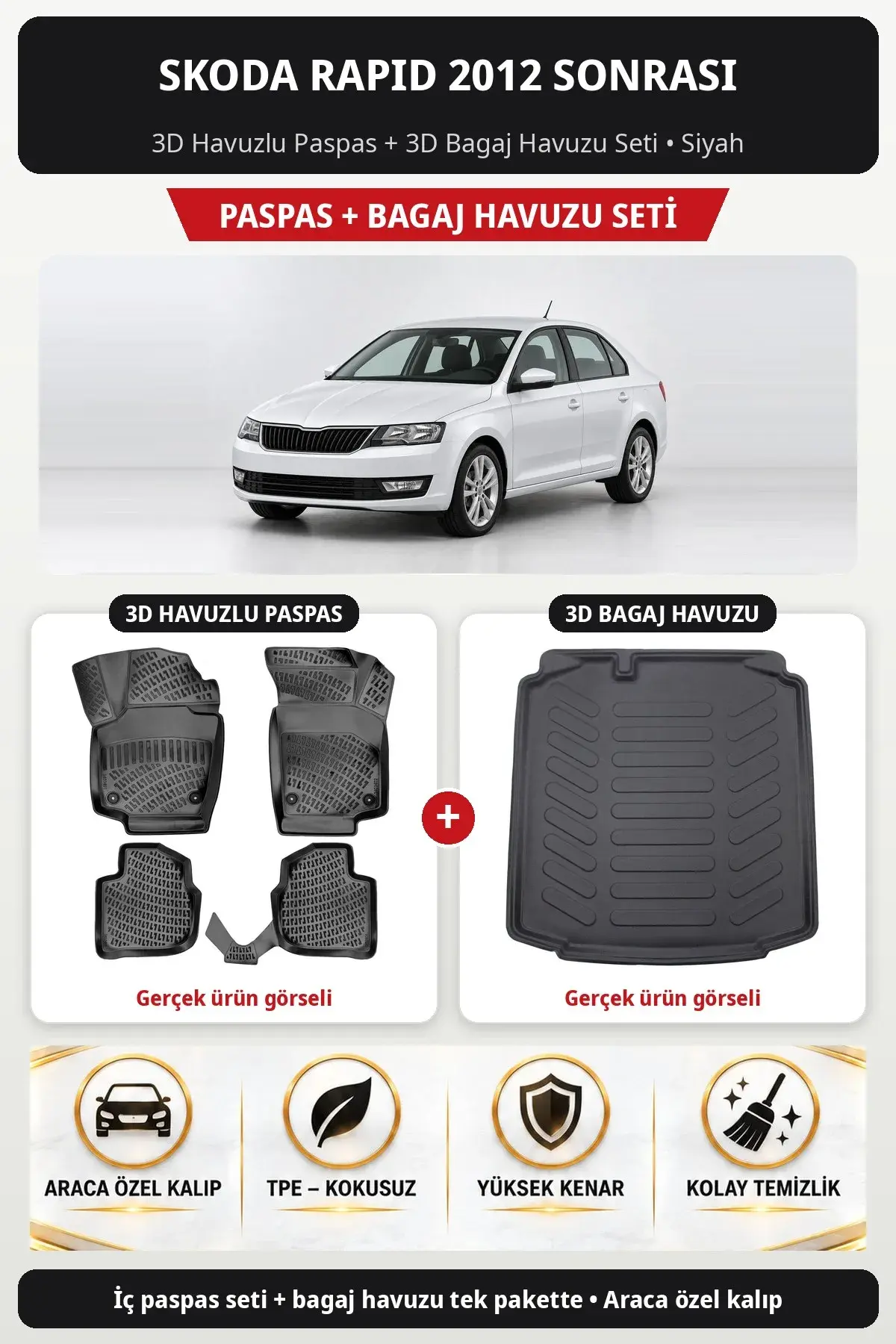 Skoda Rapid 2012 Sonrası 3D Havuzlu Paspas + 3D Bagaj Havuzu Seti Siyah (1)