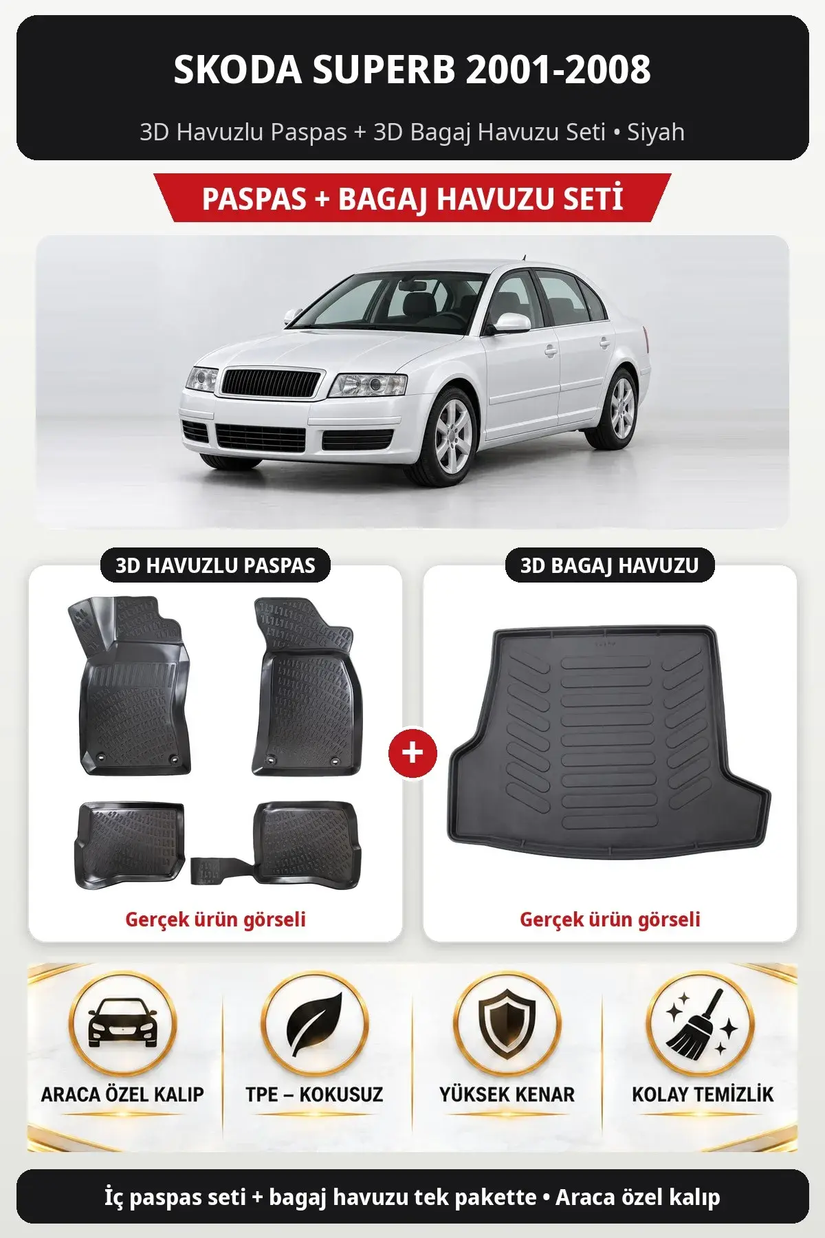 Skoda Superb 2001-2008 3D Havuzlu Paspas + 3D Bagaj Havuzu Seti Siyah (1)