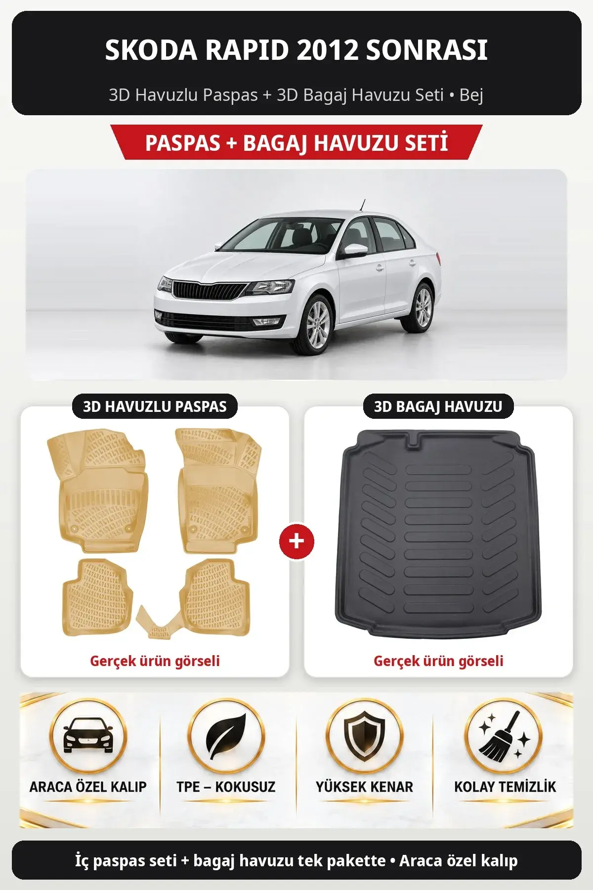 Skoda Rapid 2012 Sonrası 3D Havuzlu Paspas + 3D Bagaj Havuzu Seti Bej (1)