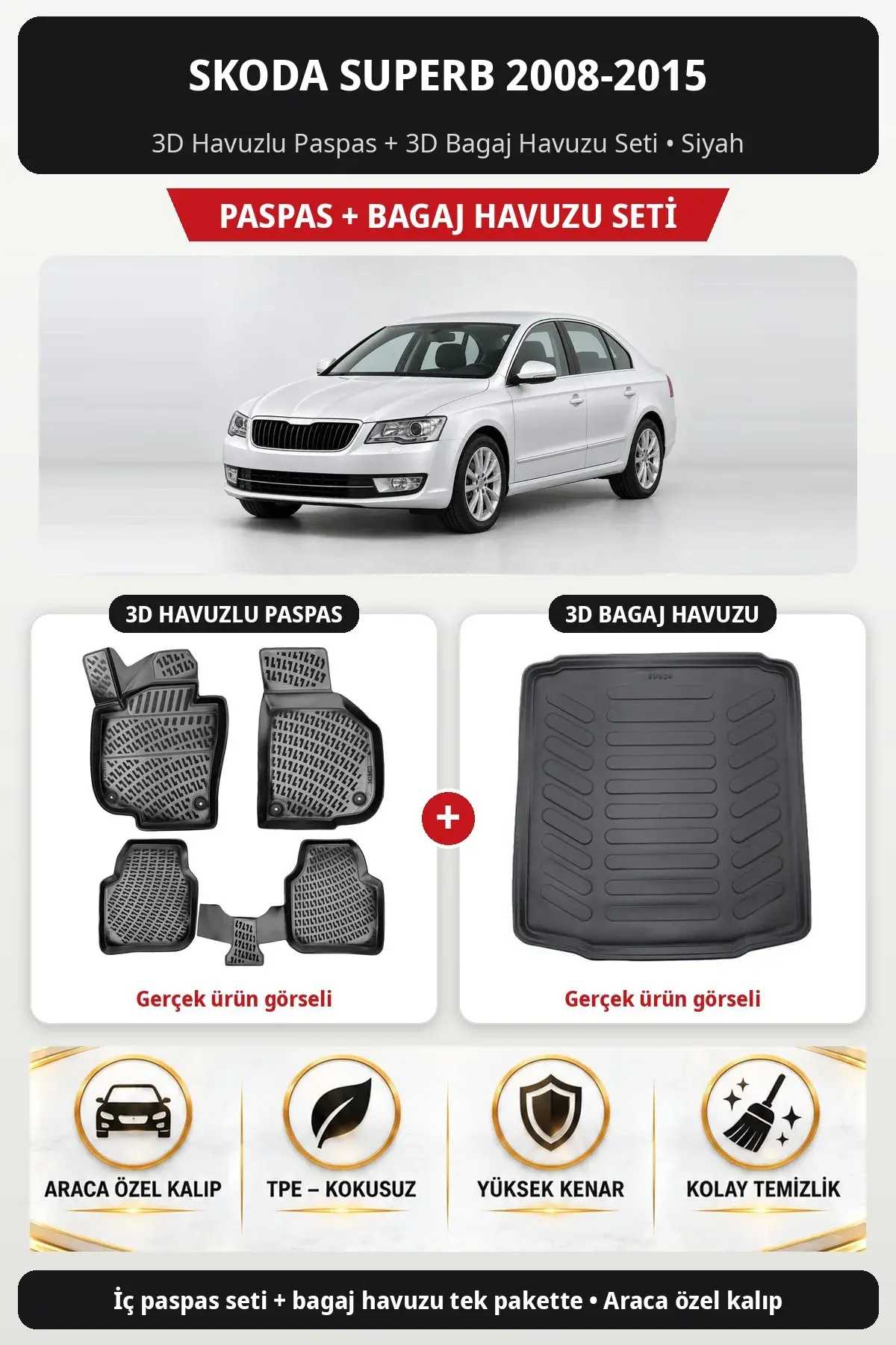 Skoda Superb 2008-2015 3D Havuzlu Paspas + 3D Bagaj Havuzu Seti Siyah (1)