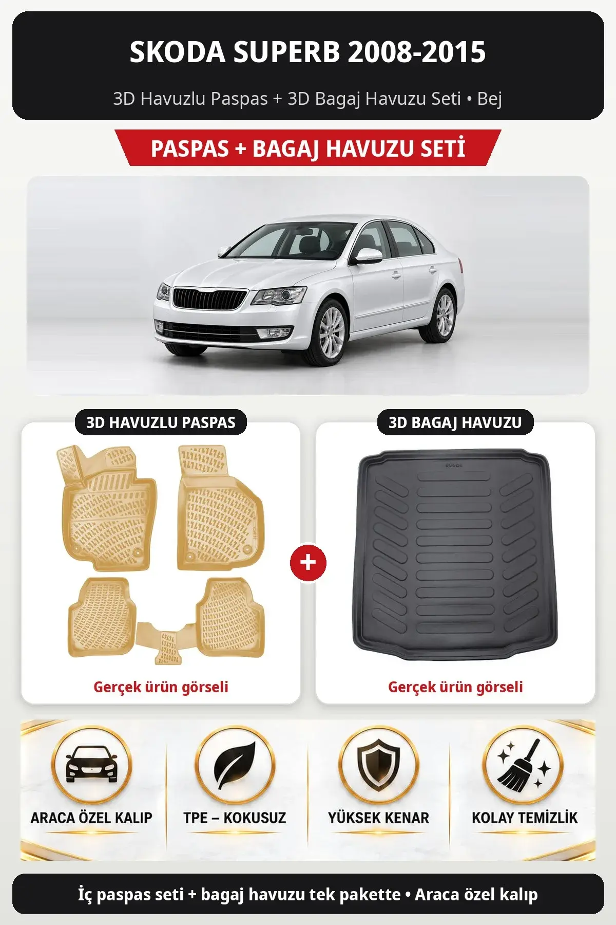 Skoda Superb 2008-2015 3D Havuzlu Paspas + 3D Bagaj Havuzu Seti Bej (1)